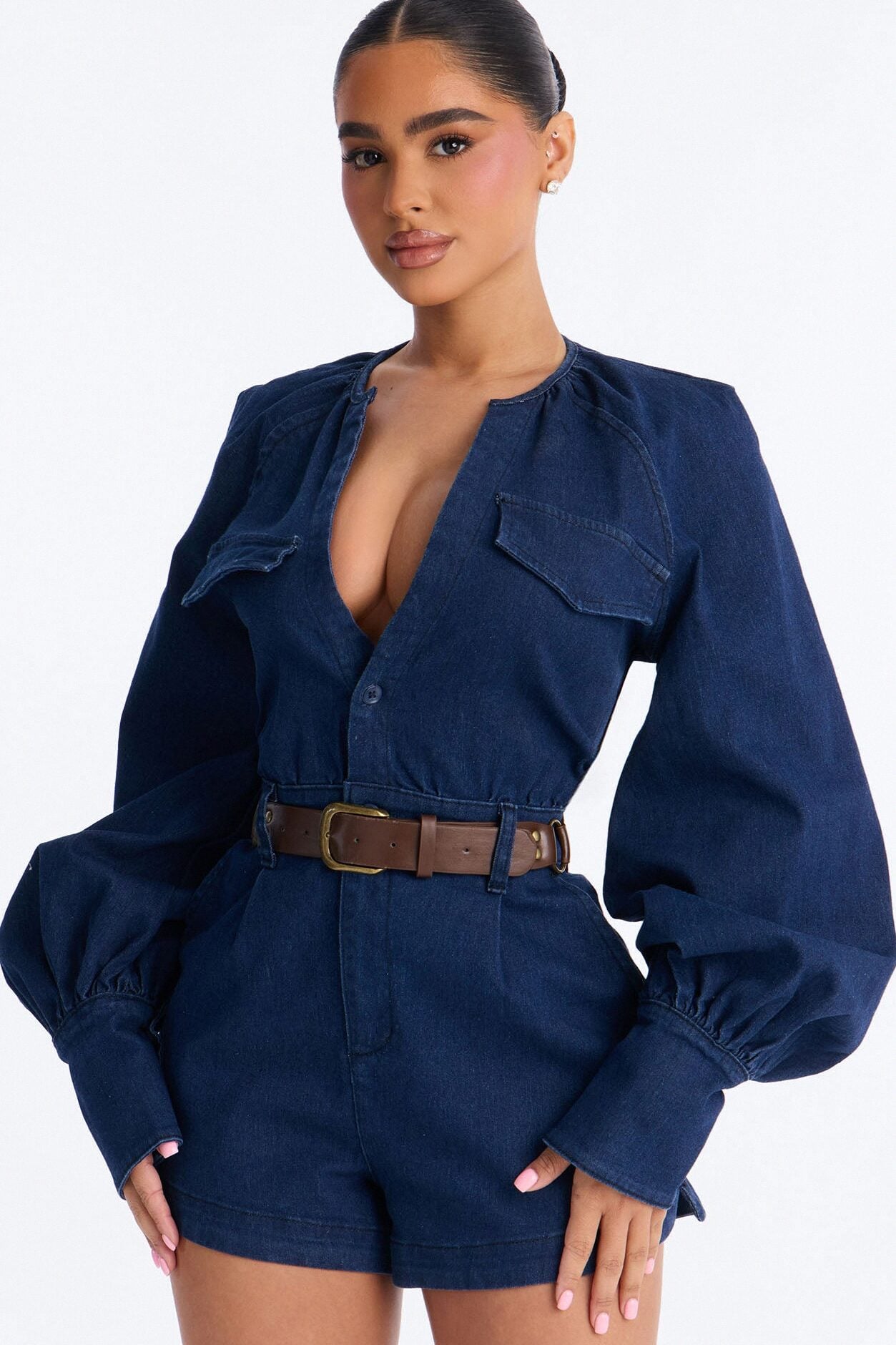 Off To La Quinta Belted Romper - Dark Wash image 1