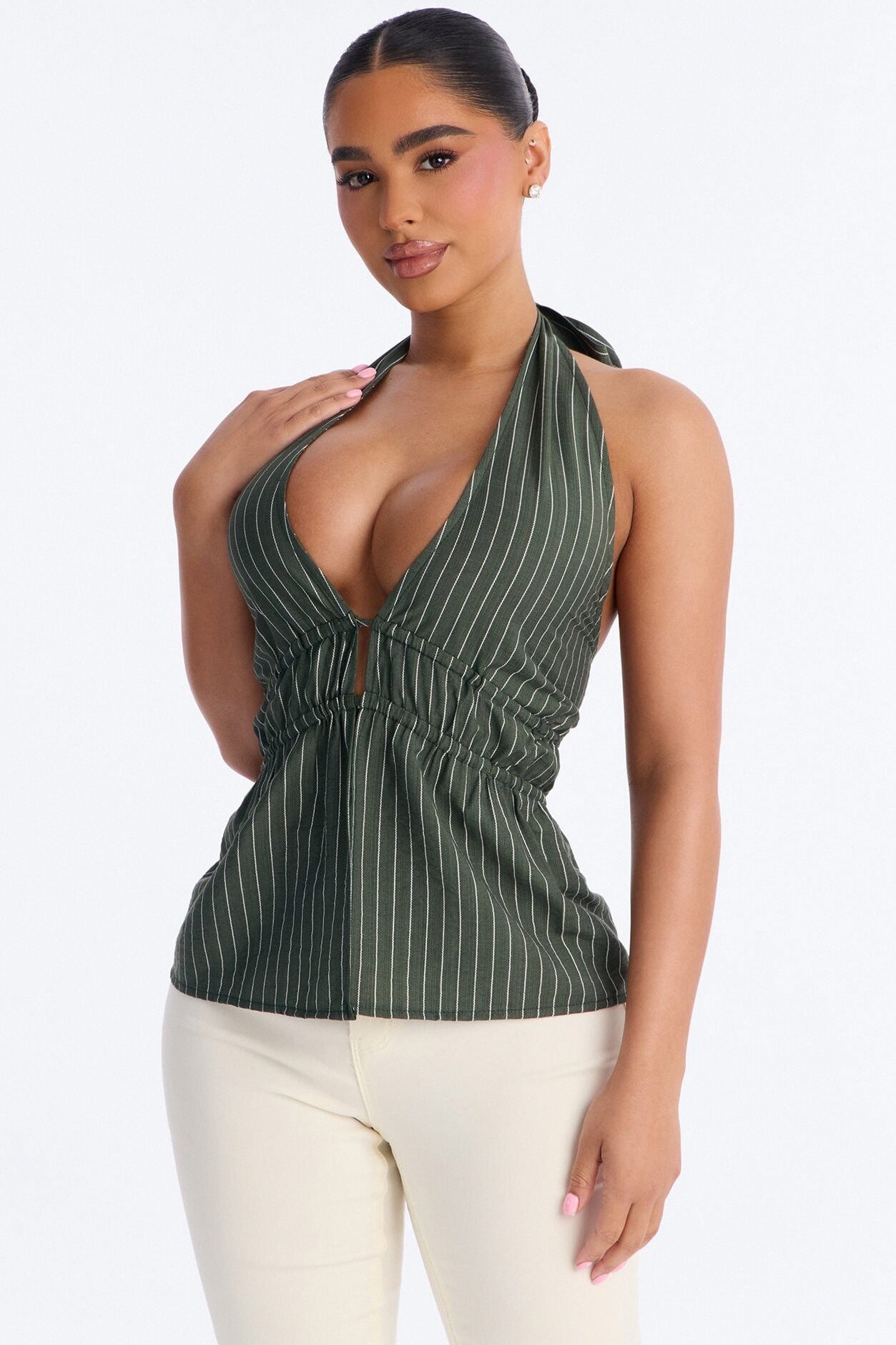 Soft Haze Linen Pinstripe Halter Top - Olive/combo image 1
