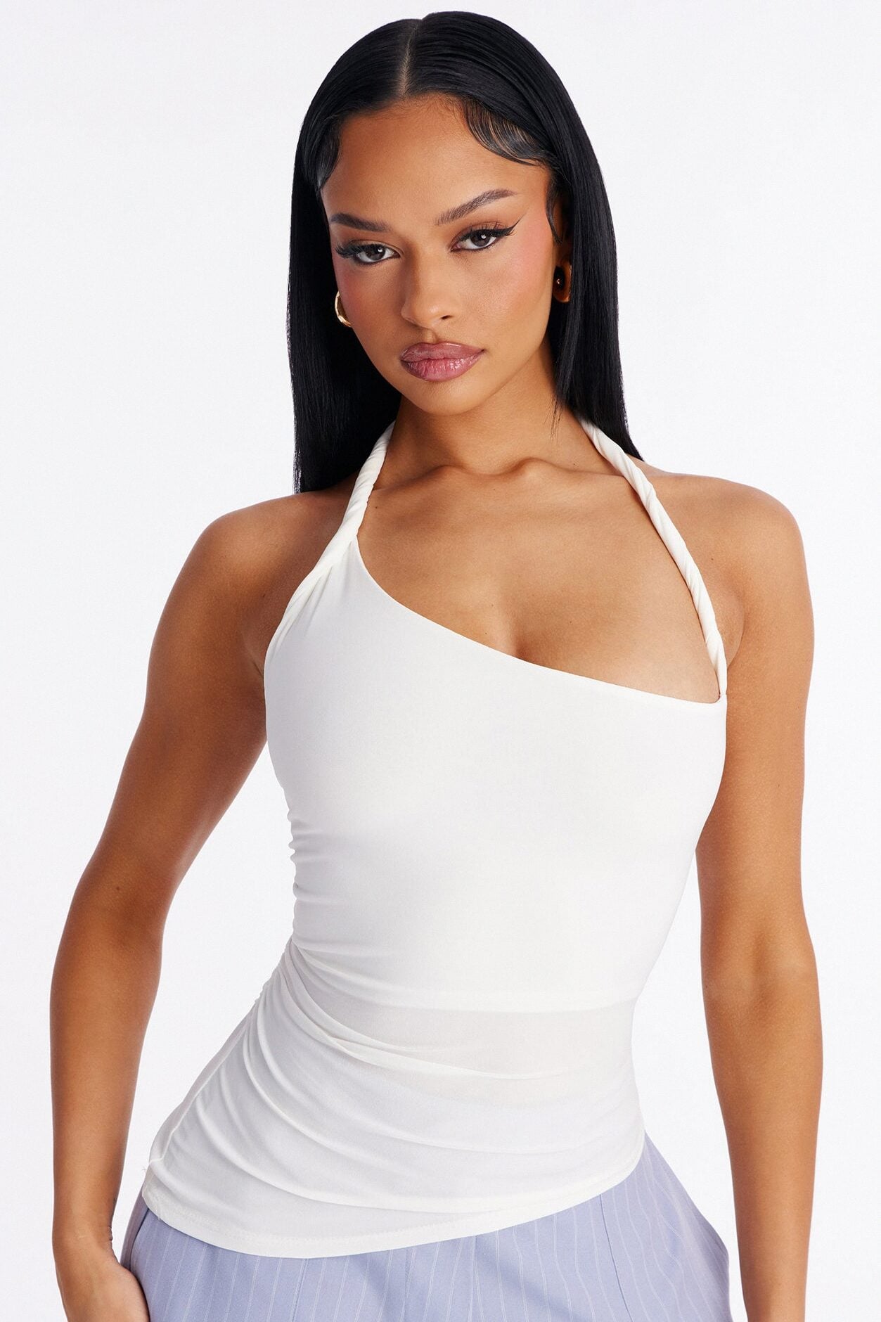 Maddy Asymmetrical Twist Ruched Halter Top - White image 1