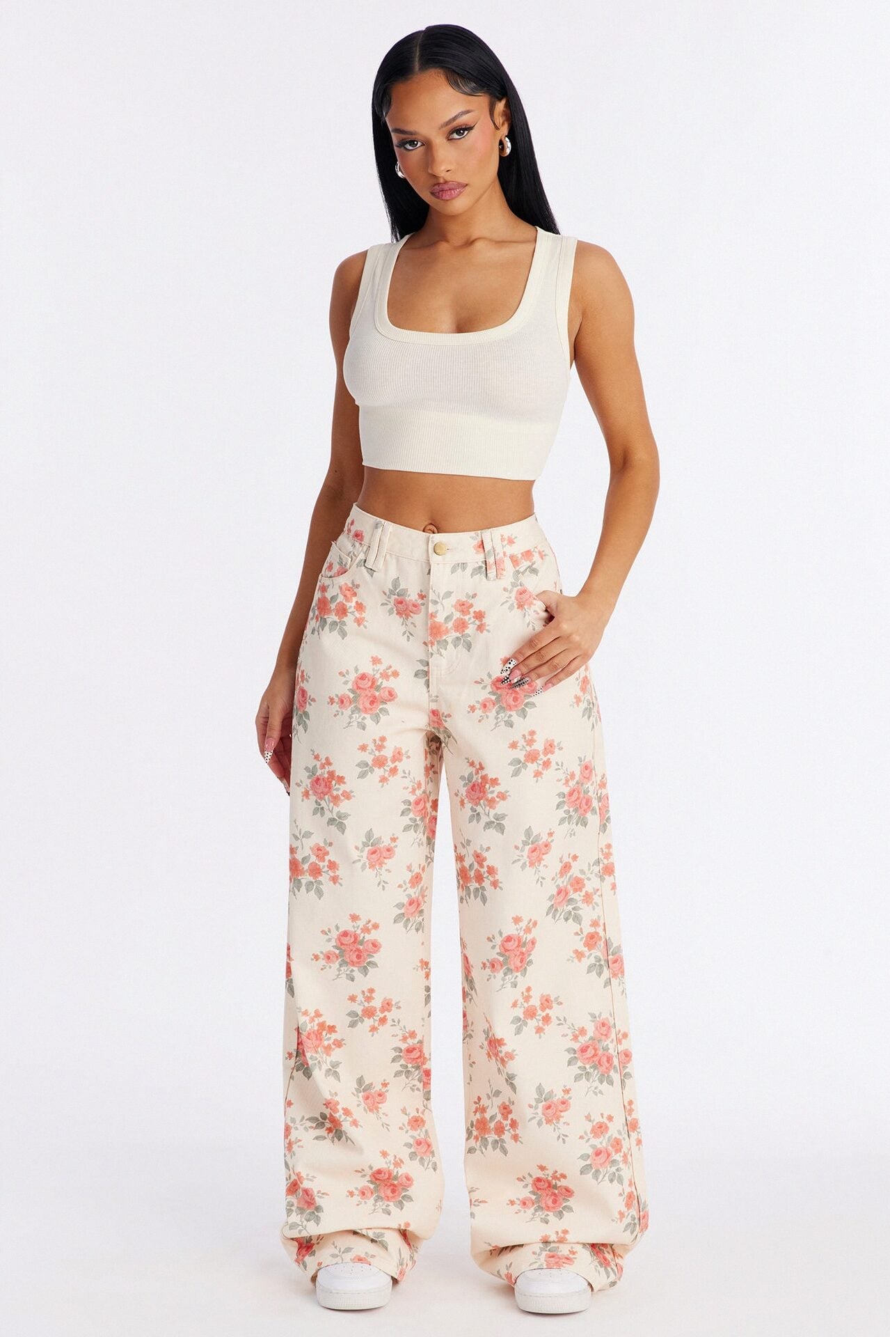 Tea Time Floral Wide Leg Jeans - Cream/combo image 1