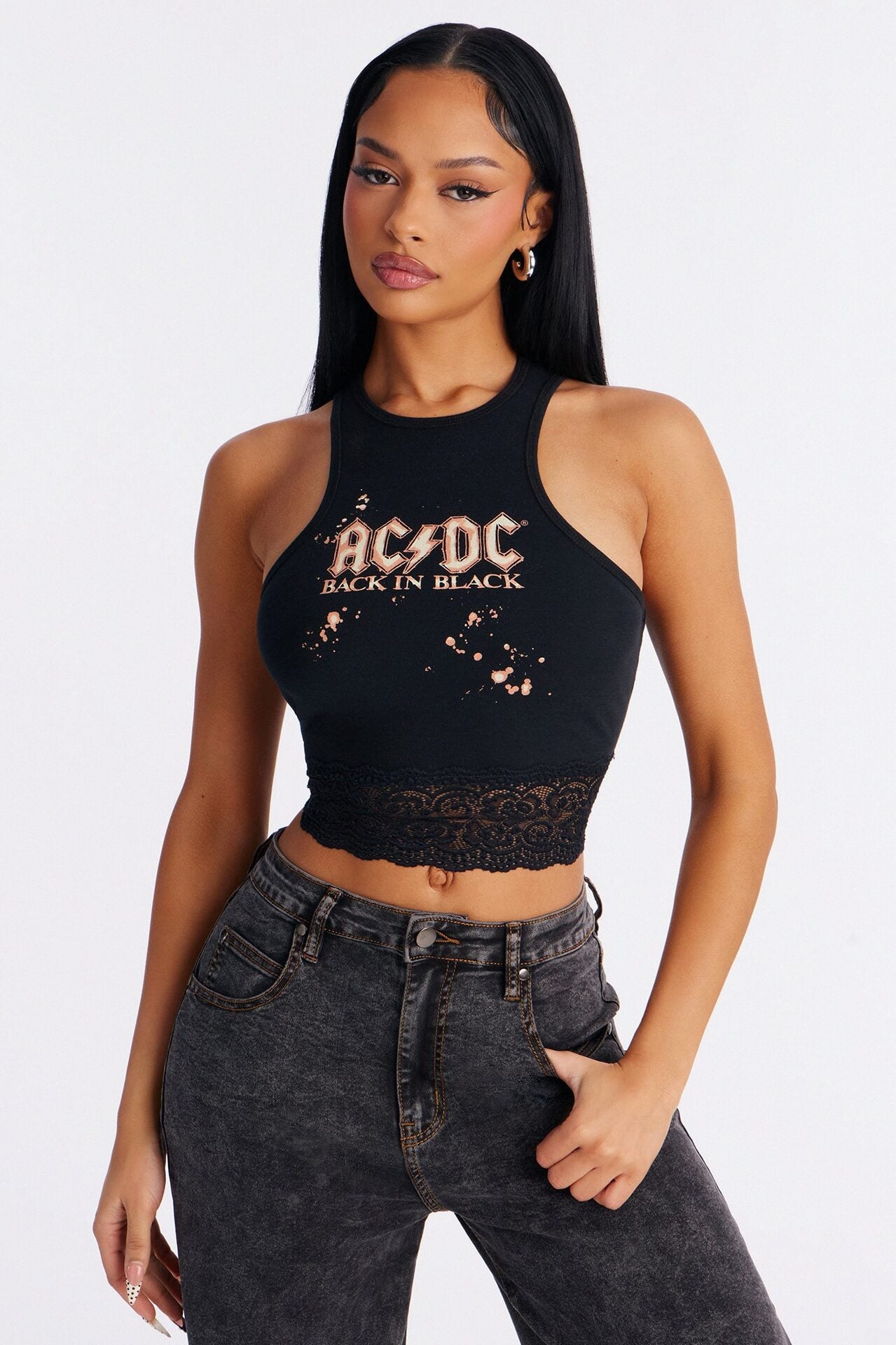 ACDC Cropped Muscle Tank With Lace Trim - Black image 1