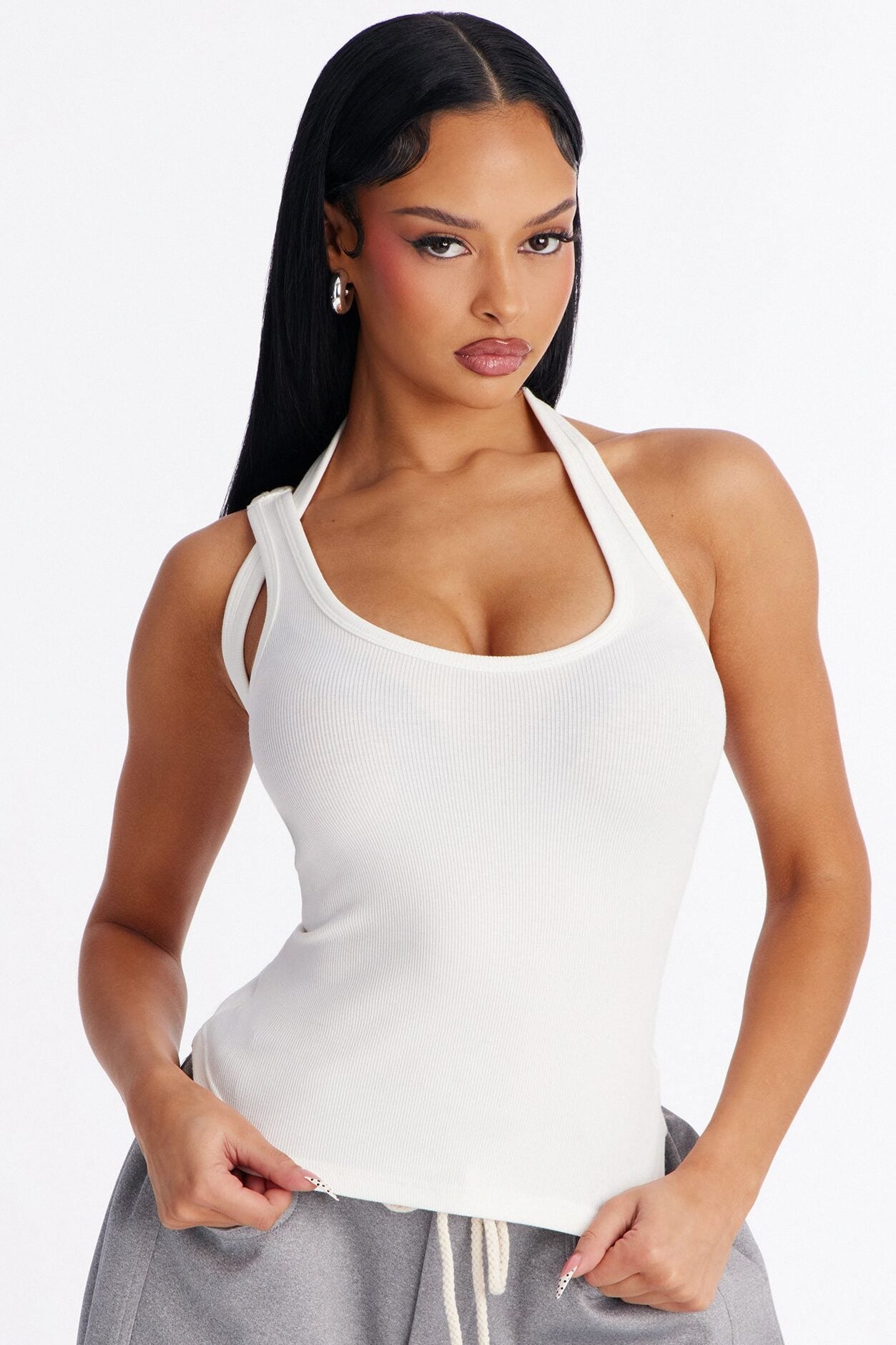 City Streets Ribbed Layered Off Shoulder Halter Top - White image 1
