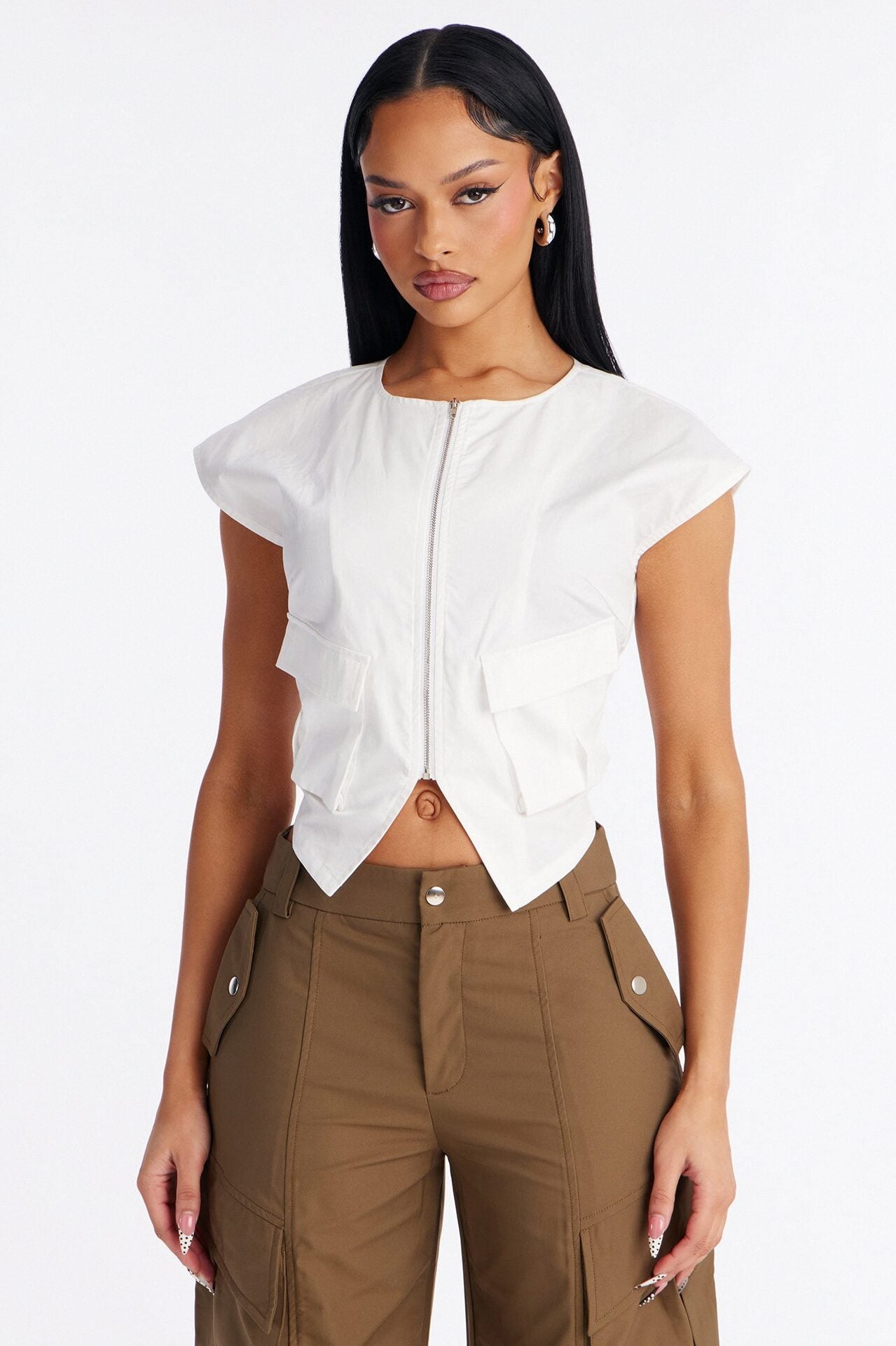 City Steps Front Zip Poplin Top - White image 1