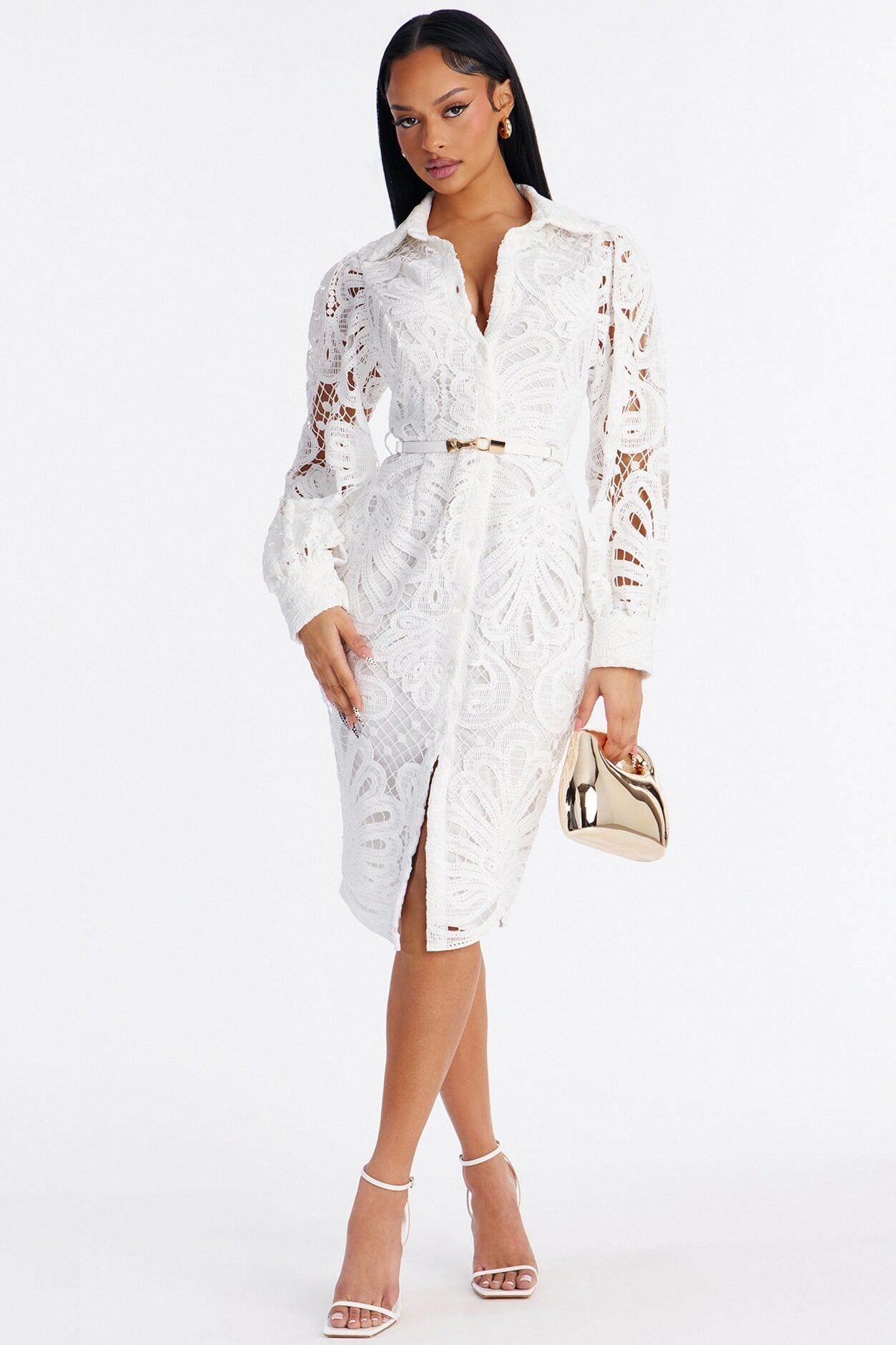 Annette Belted Lace Midi Dress - White image 1