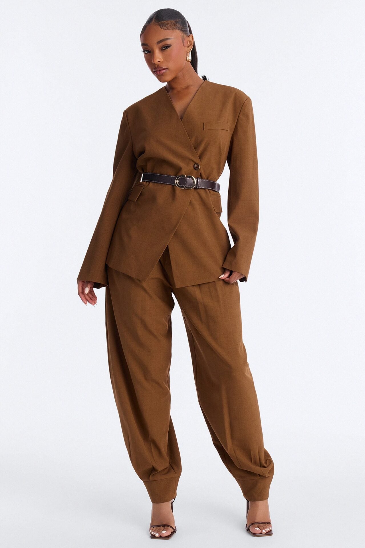 Marayah Belted Blazer Pant Set - Brown image 1