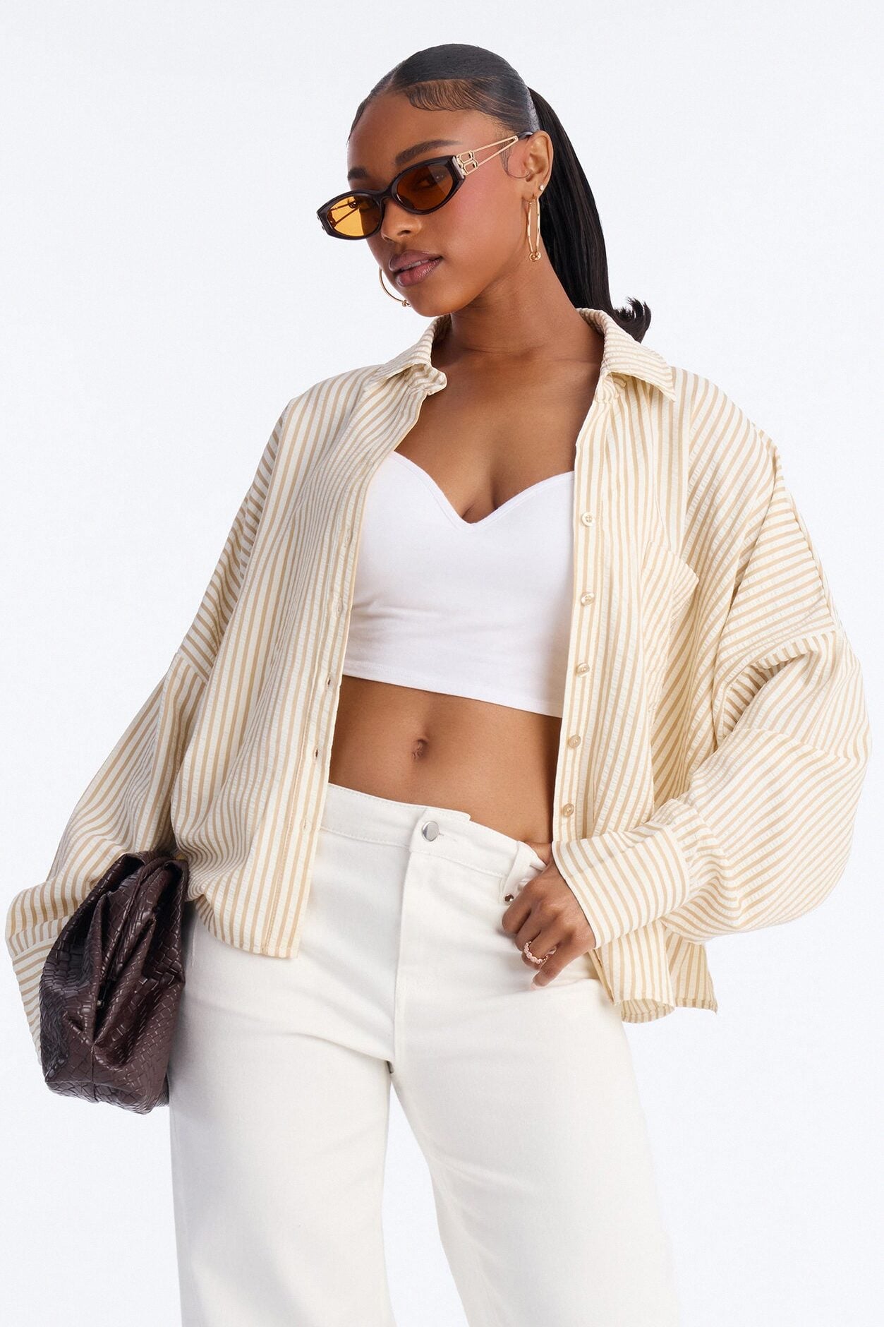 Stay Curious Oversized Stripe Shirt - Taupe image 1