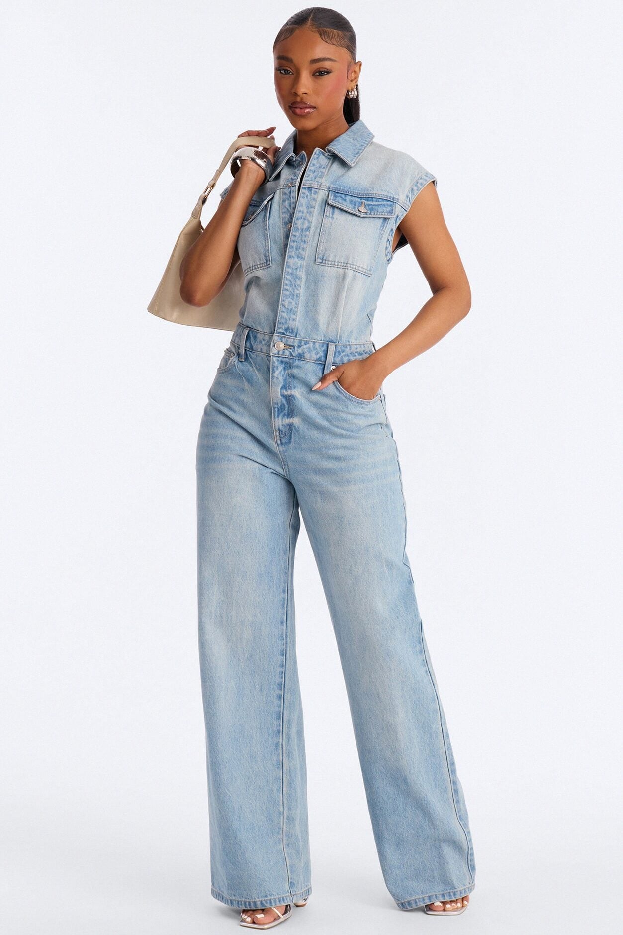 Let's Move Sleeveless Denim Wide Leg Jumpsuit - Light Wash image 1