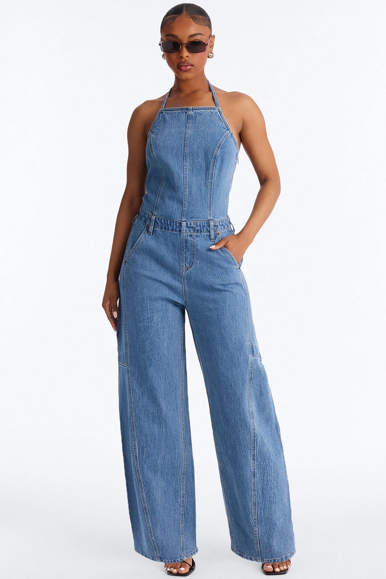 Tiana Backless Denim Barrel Leg Jumpsuit - Medium Wash image 1