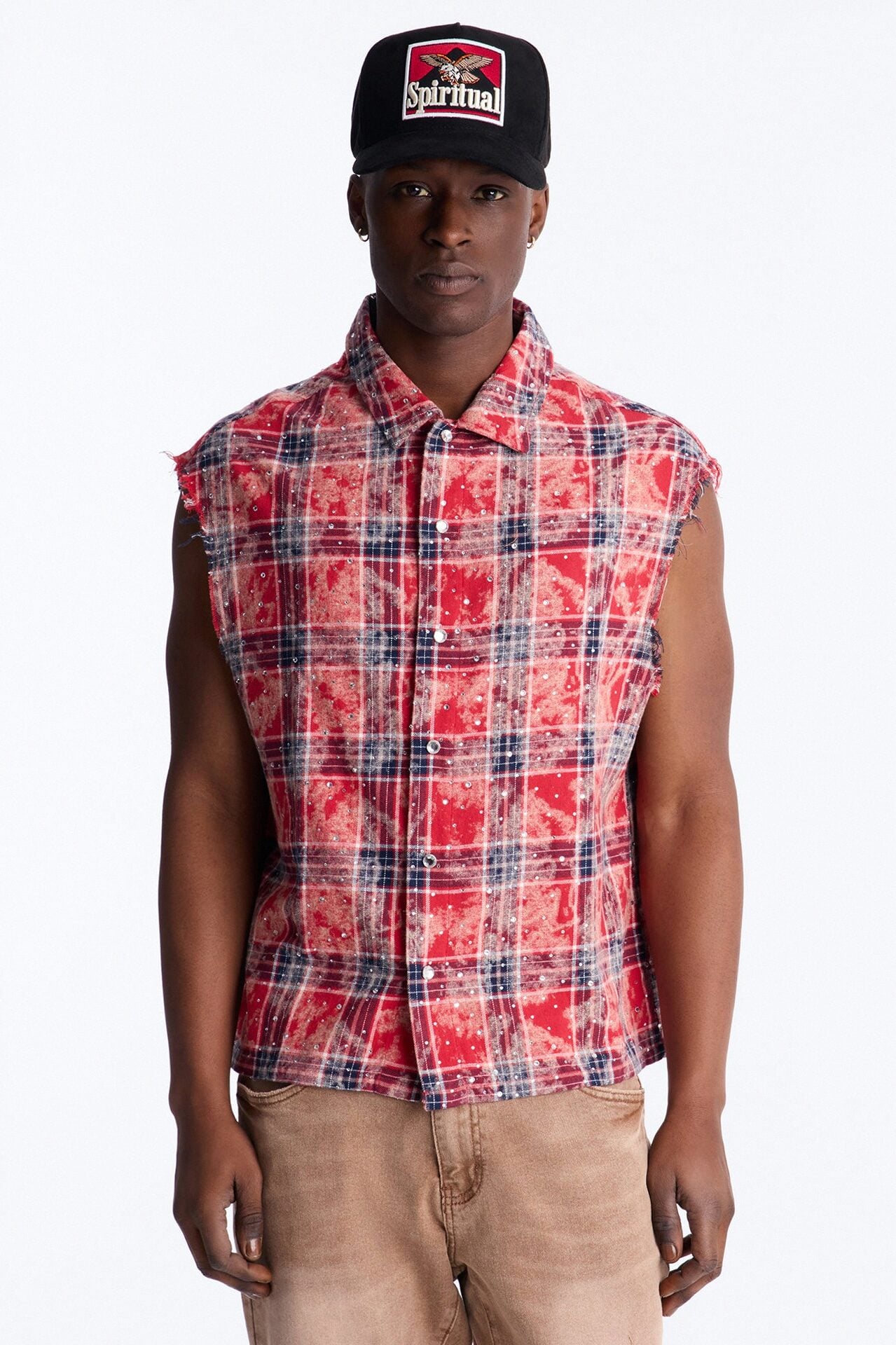 Rhinestone Rain Sleeveless Plaid Flannel - Red image 1