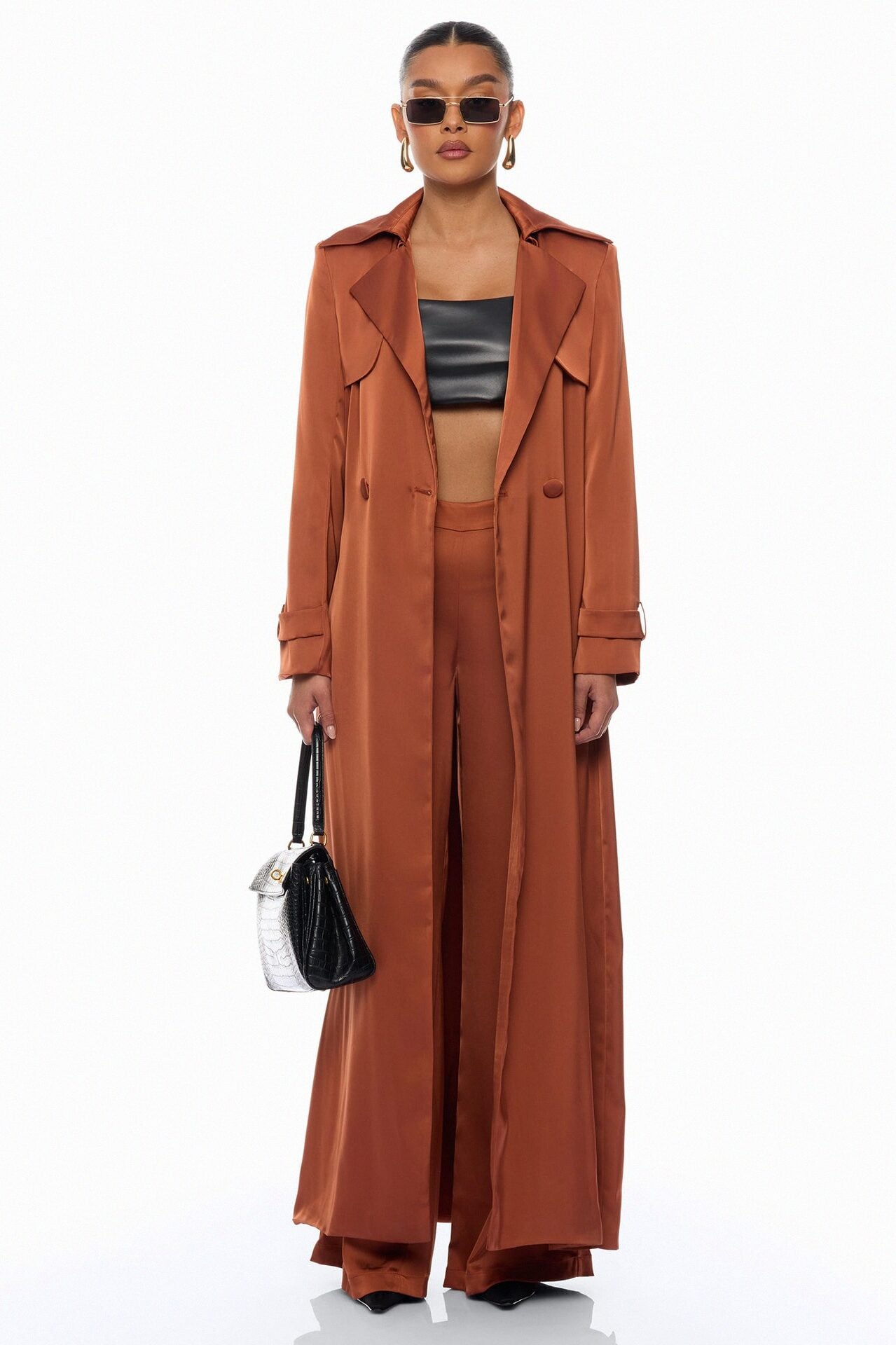 Gabriella Satin Trench Coat And Pant Set - Bronze image 1