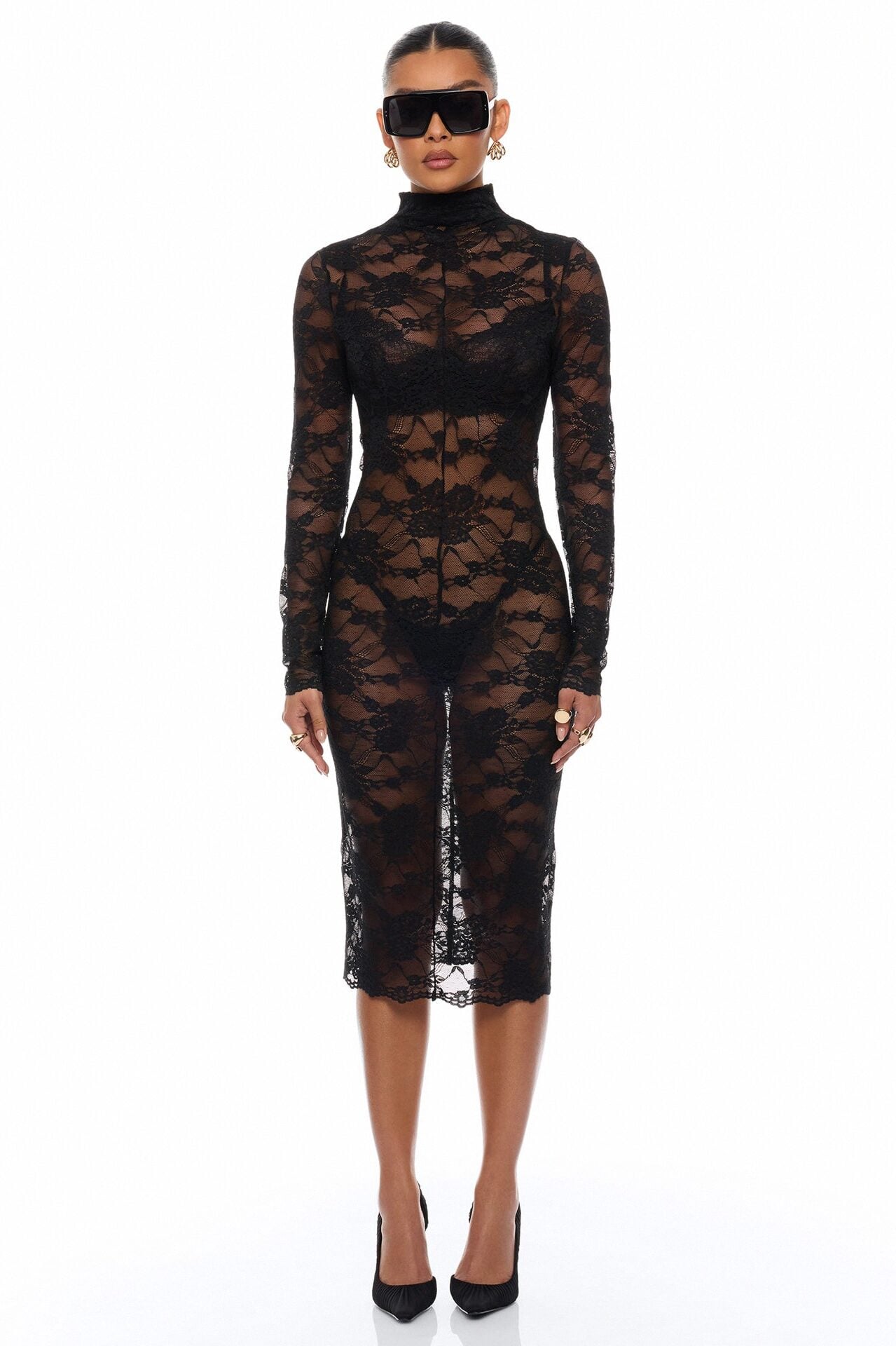 Gabriette Sheer Lace Midi Dress - Black image 1