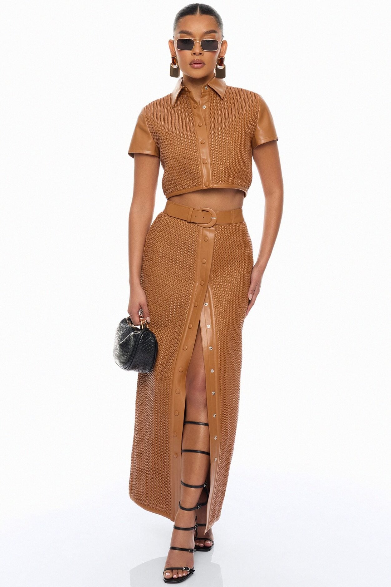 Hailey Faux Leather Collared Top - Cognac image 1
