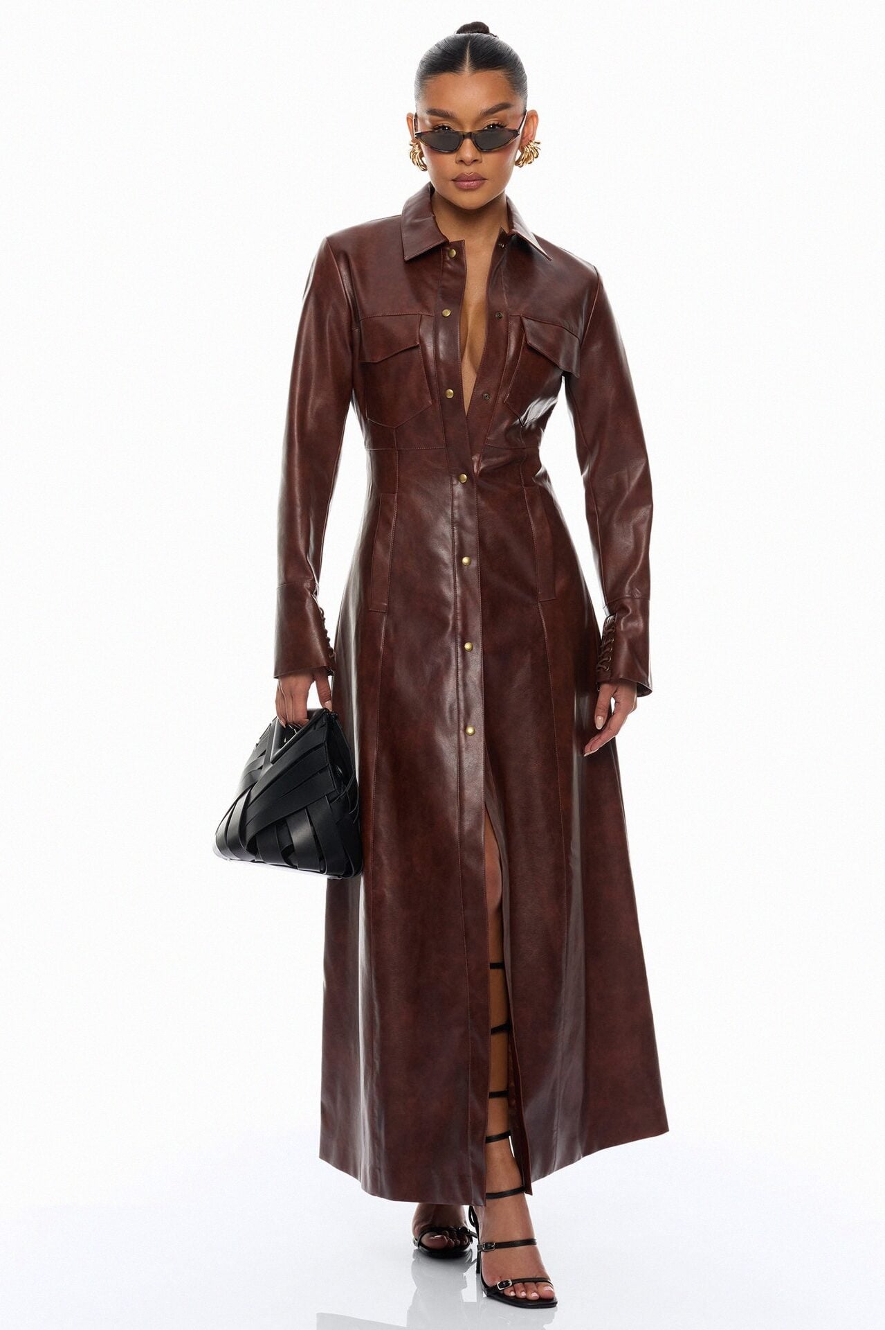 Chic Moment Lace Up Faux Leather Coat - Brown image 1