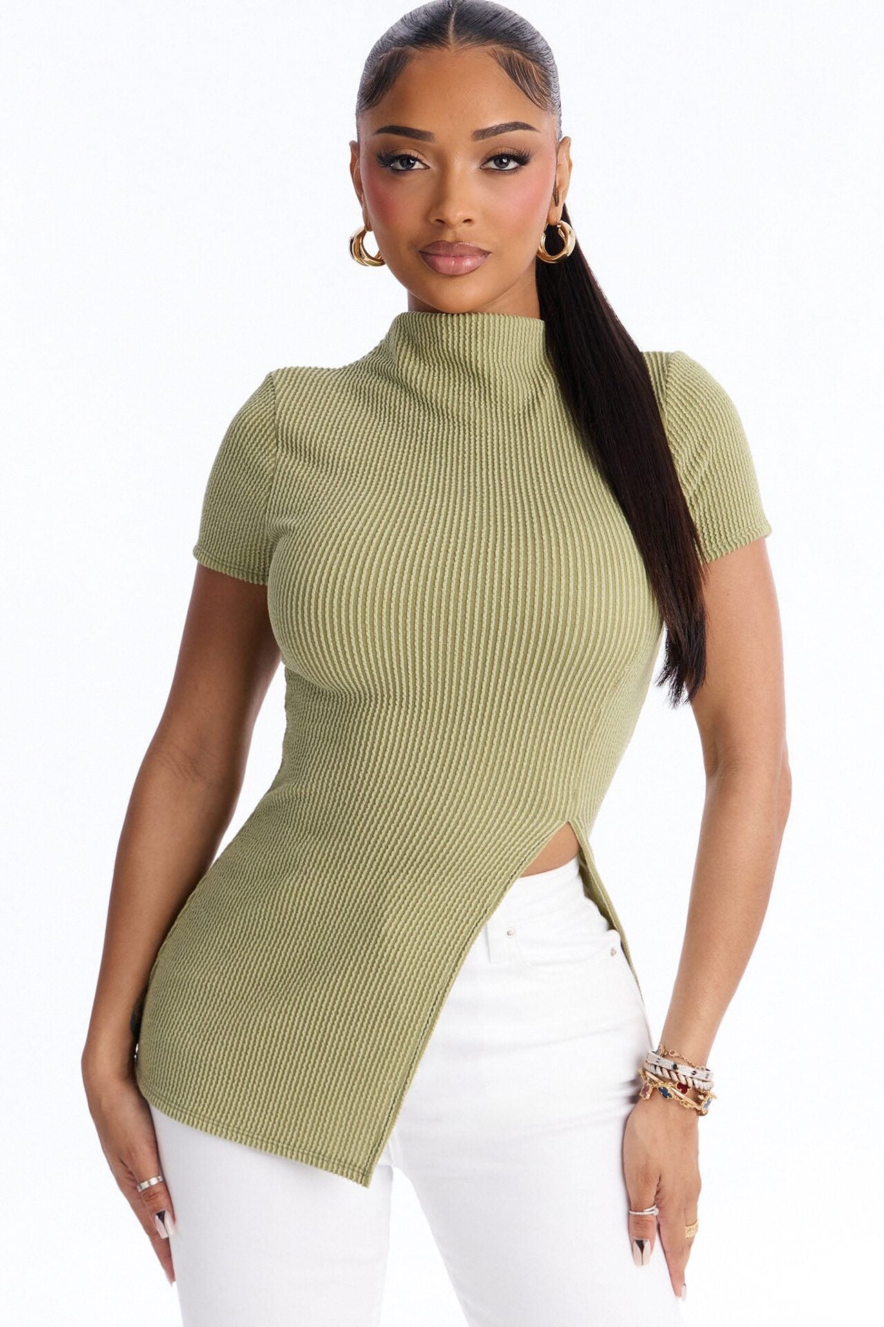 Ika Mock Neck Heavy Ribbed Short Sleeve Top - Chartreuse image 1
