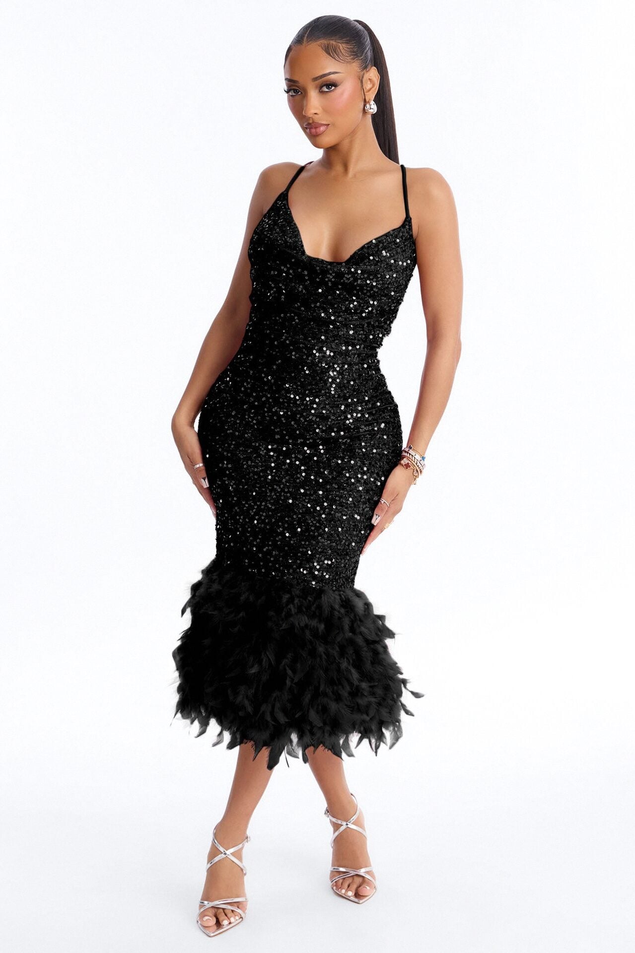 Zoey Feathered Sequin Midi Dress - Black image 1