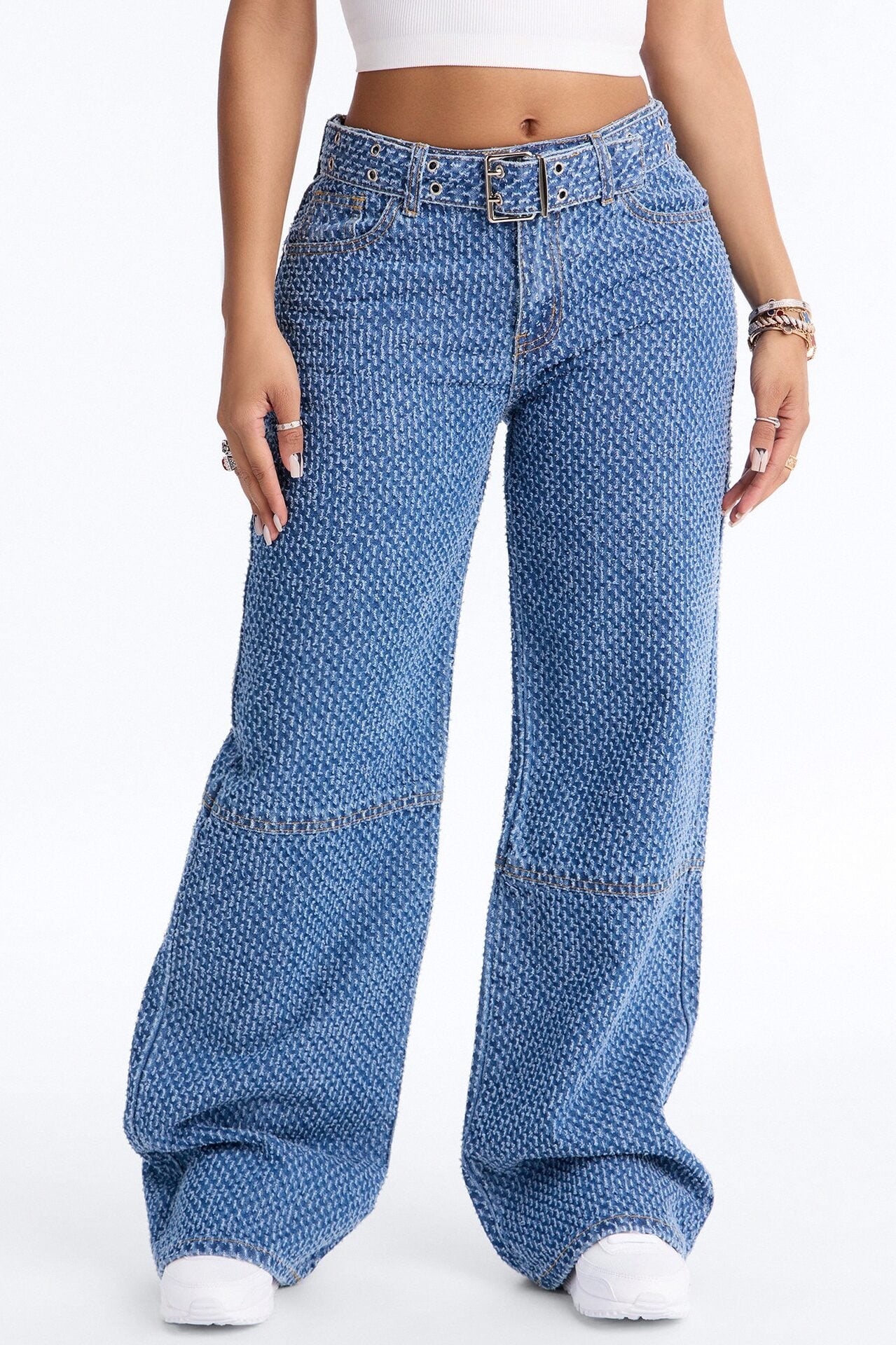 Shake It Up Belted Jacquard Straight Leg Jeans - Medium Wash image 1