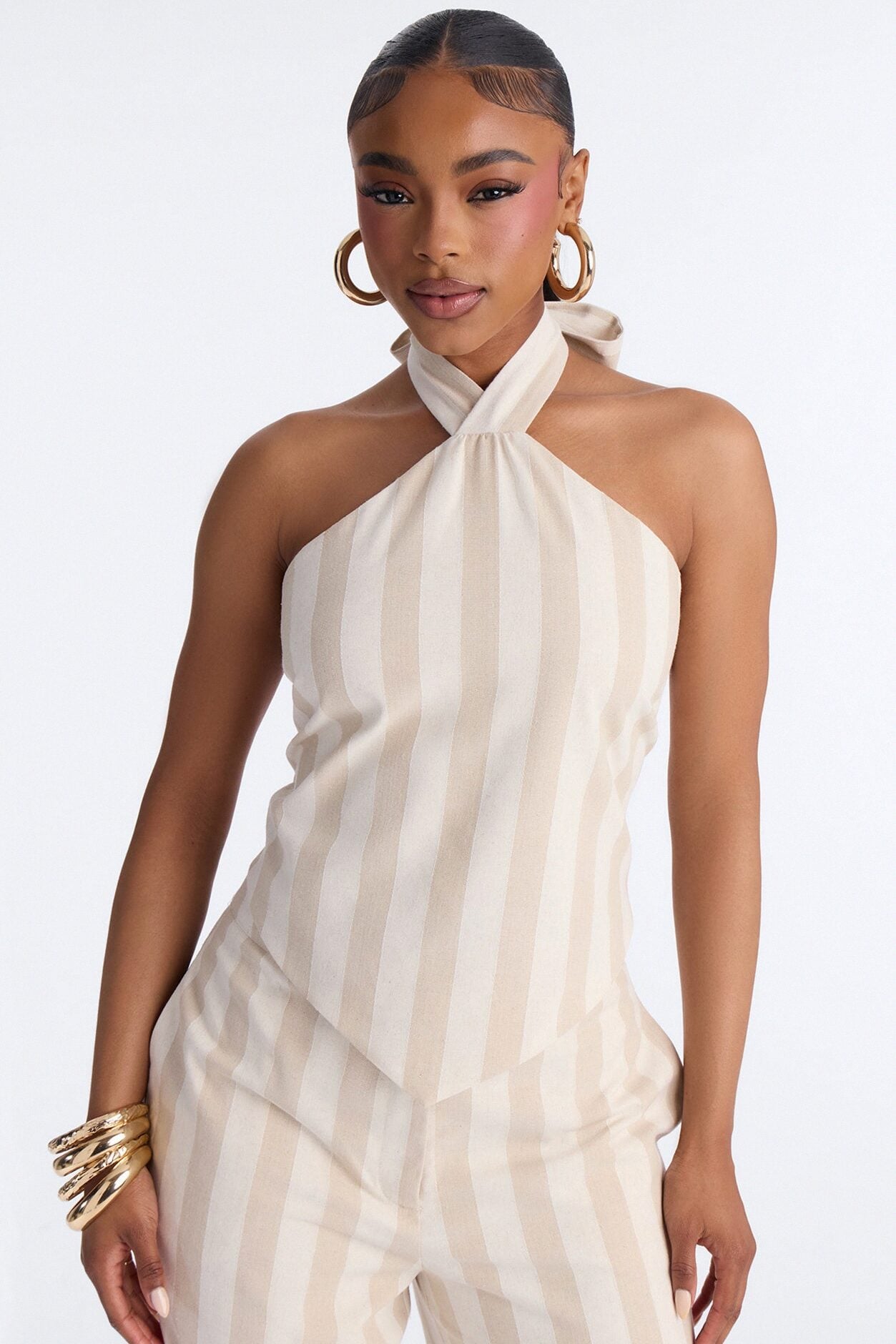 Cruise Attire Striped Linen Halter Top - Taupe/combo image 1