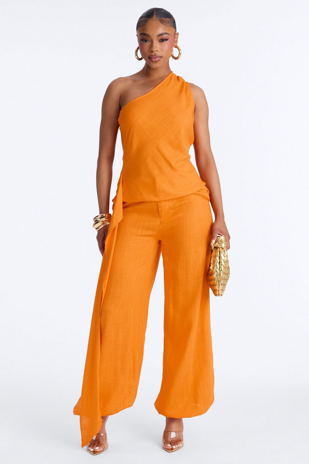 Zya One Shoulder Linen Balloon Pant Set - Orange image 1