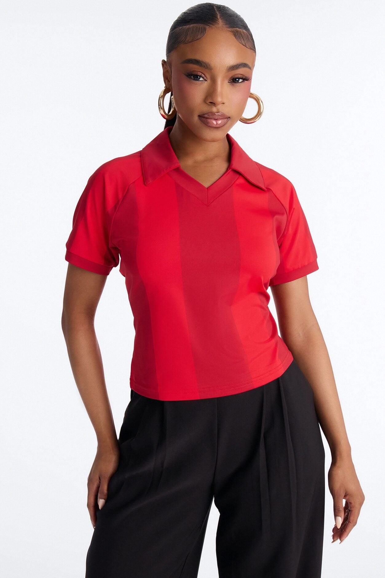 Street Uniform Striped Short Sleeve Polo Jersey Top - Red/combo image 1