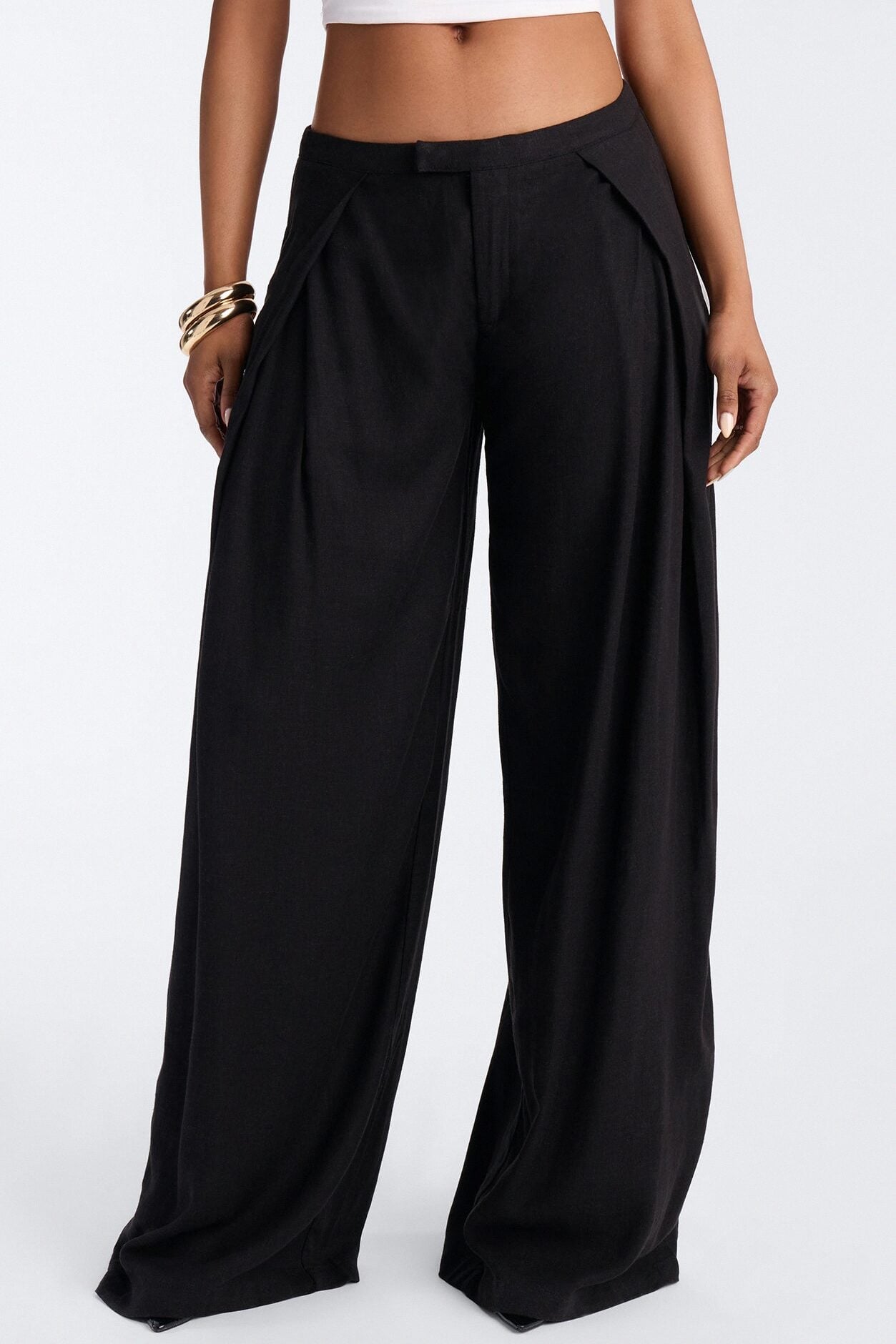 Gracie Low Rise Pleated Linen Wide Leg Trouser 33″ - Black image 1
