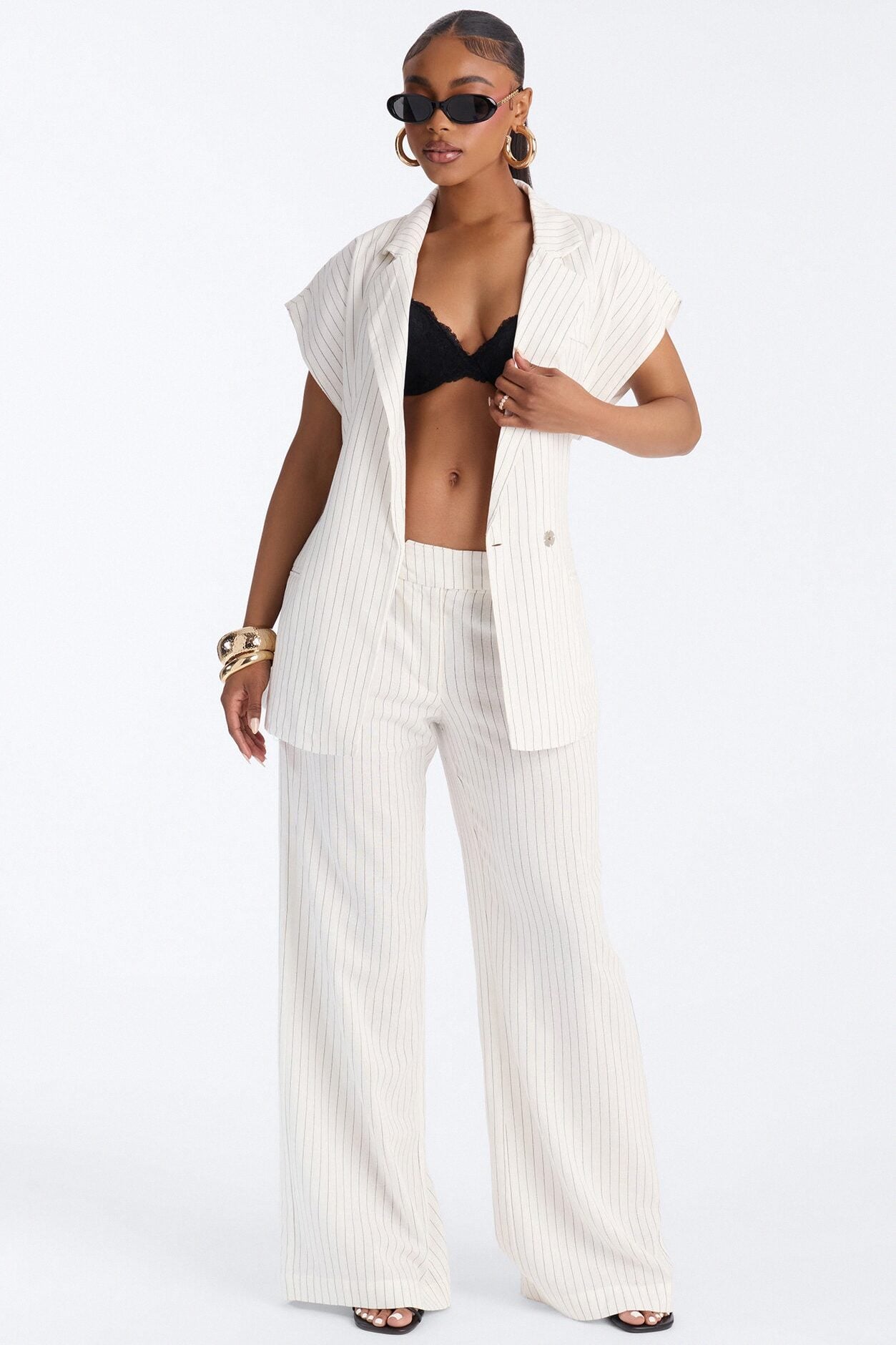 Juno Pinstripe Wide Leg Linen Trouser Pant - Ivory/combo image 1