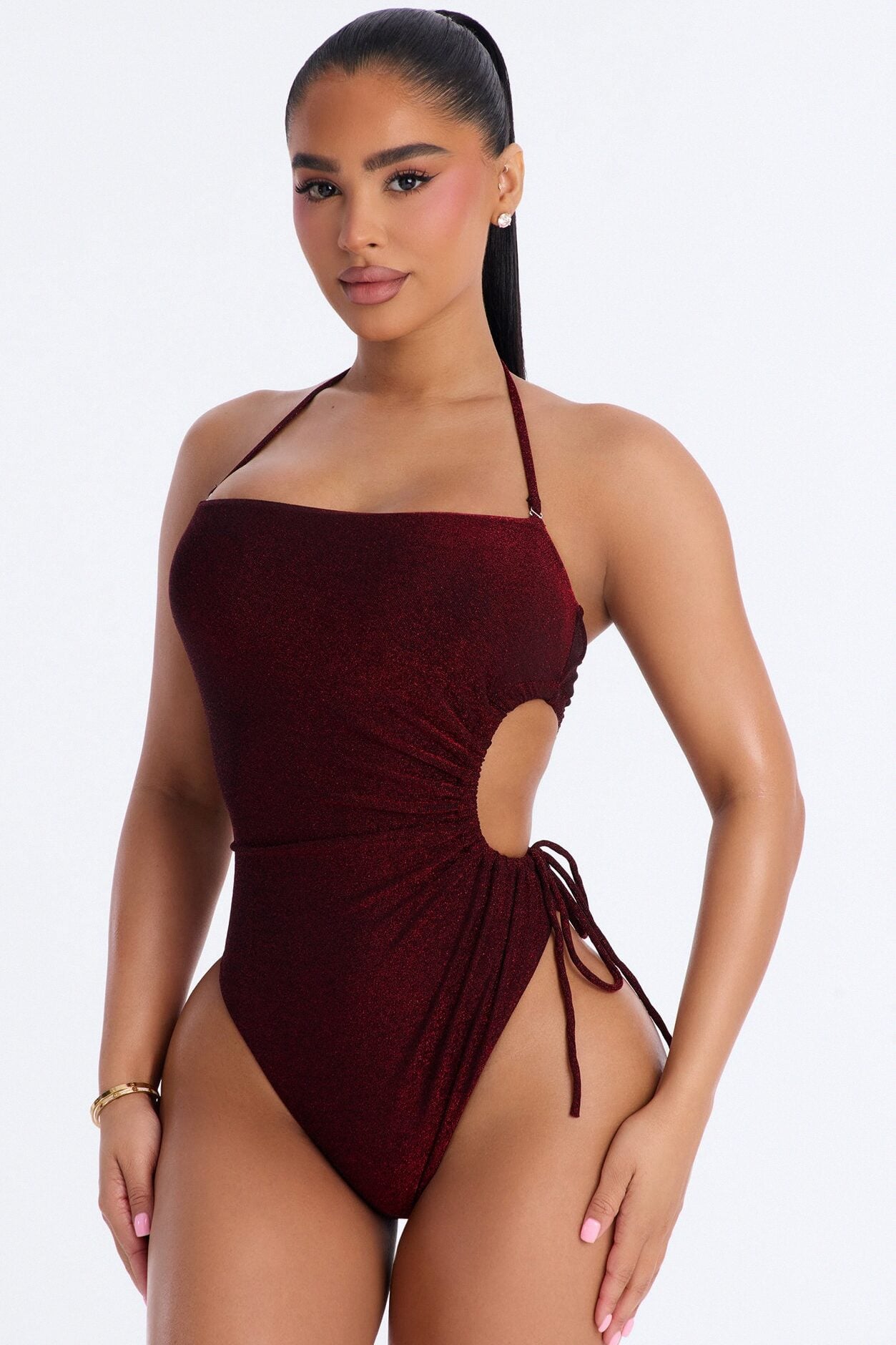 Sunny Days And Waves Glitter Cut Out Ruched 1 Piece Swimsuit - Burgundy image 1