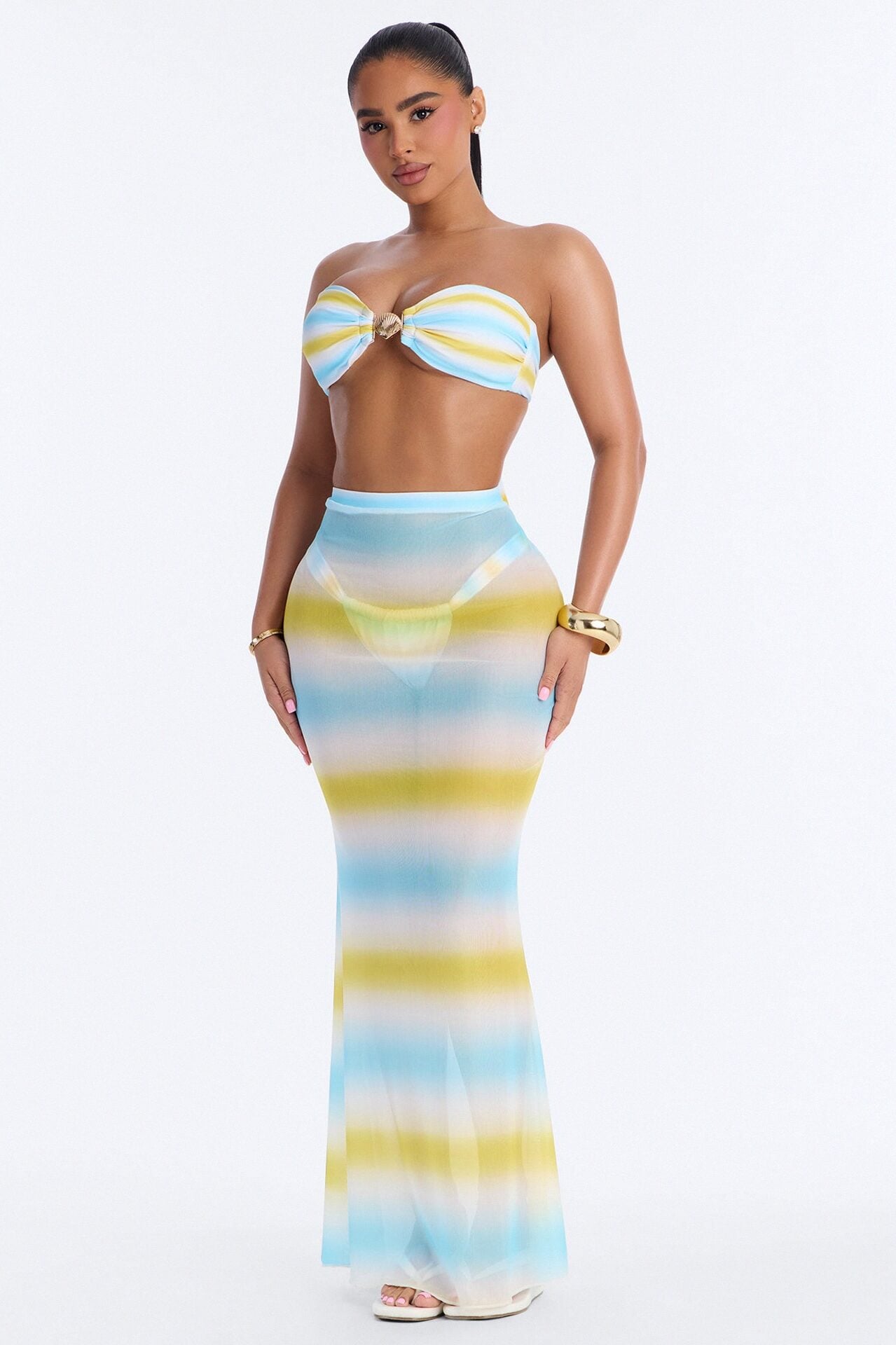 Heats Waves Ombre Hardware 3 Piece Bikini Skirt Set - Yellow/combo image 1