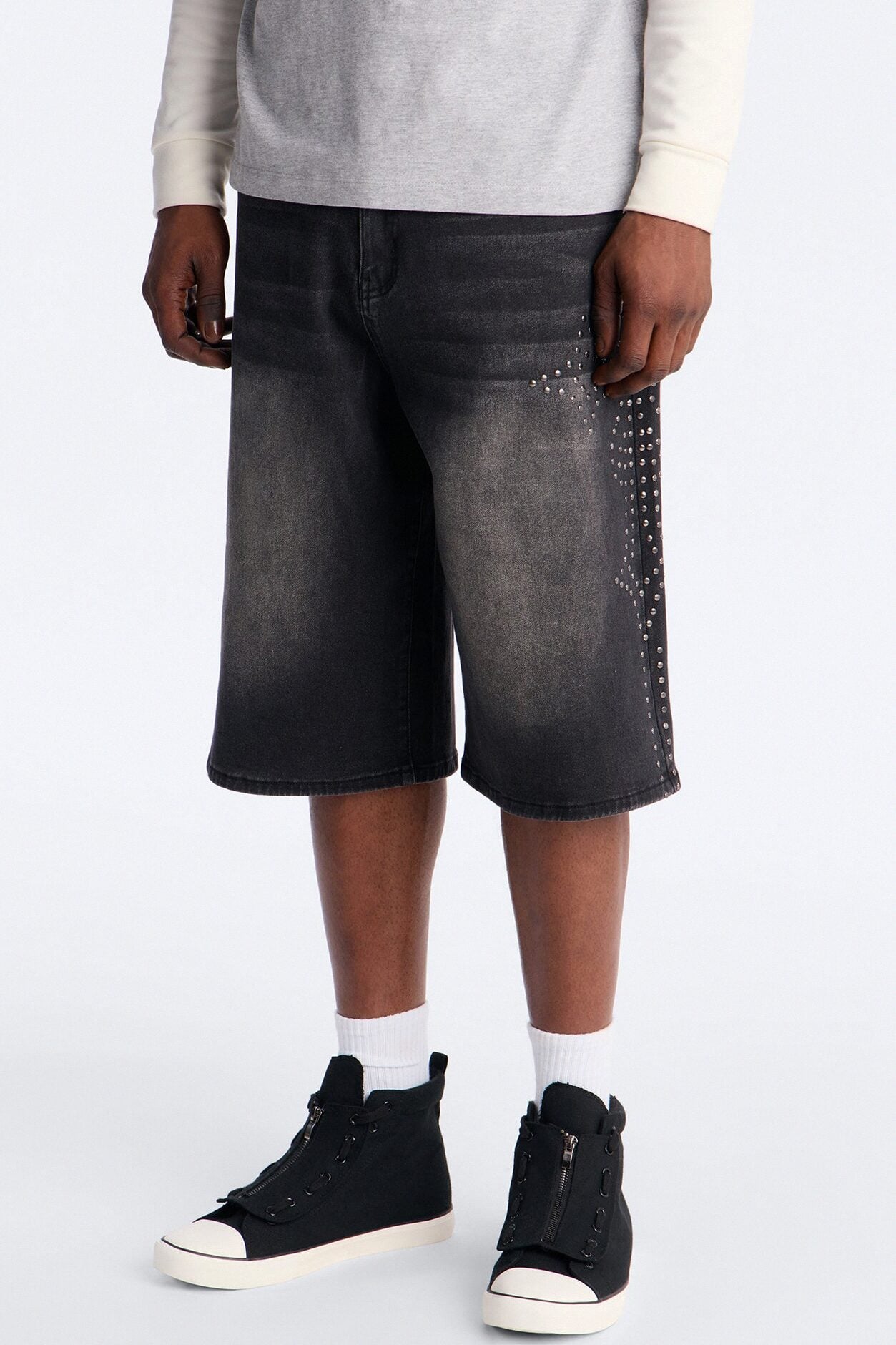 In Denim We Trust Baggy Studded Denim Short - Black Wash image 1