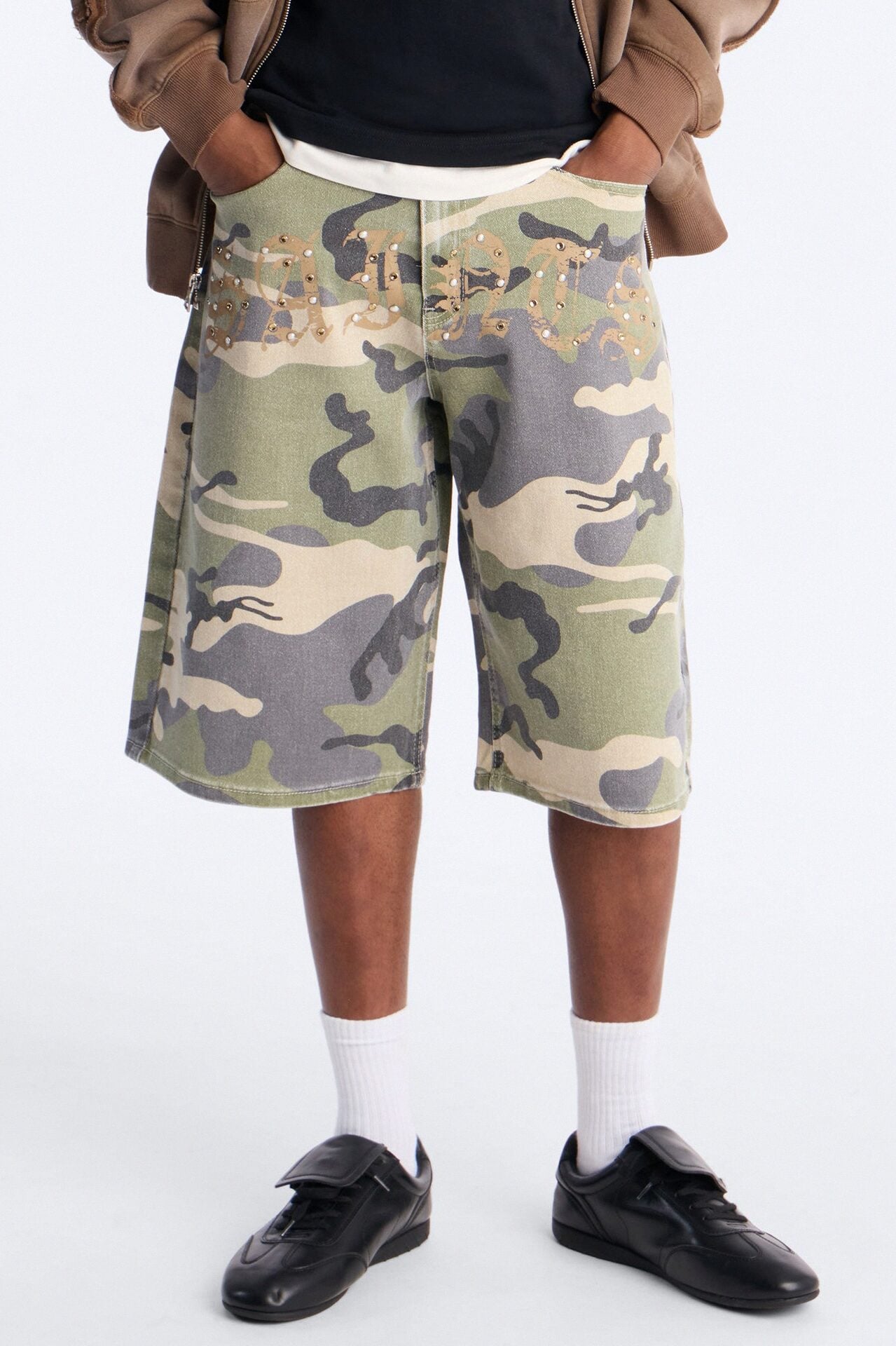 Relaxed Saints Embellished Camo Denim Shorts - Camouflage image 1
