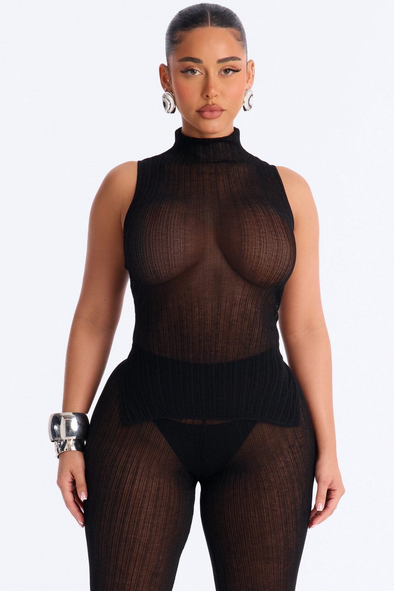 Sienna Sheer Knit High Neck Top - Black image 1