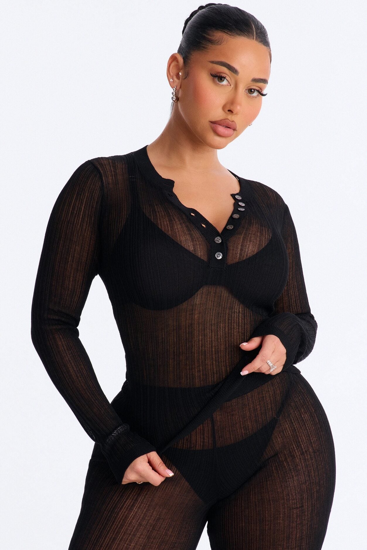 Sienna Sheer Knit Long Sleeve Top - Black image 1