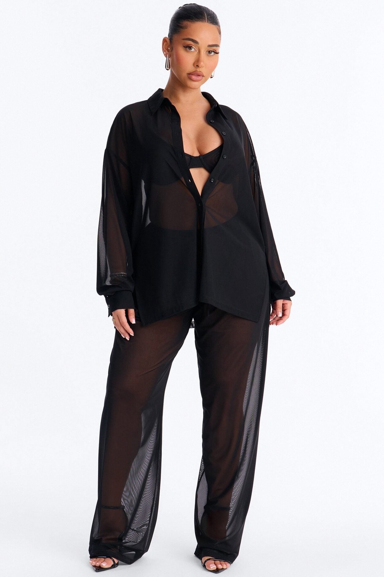 Staying In Mesh Collard Long Sleeve Shirt - Black image 1