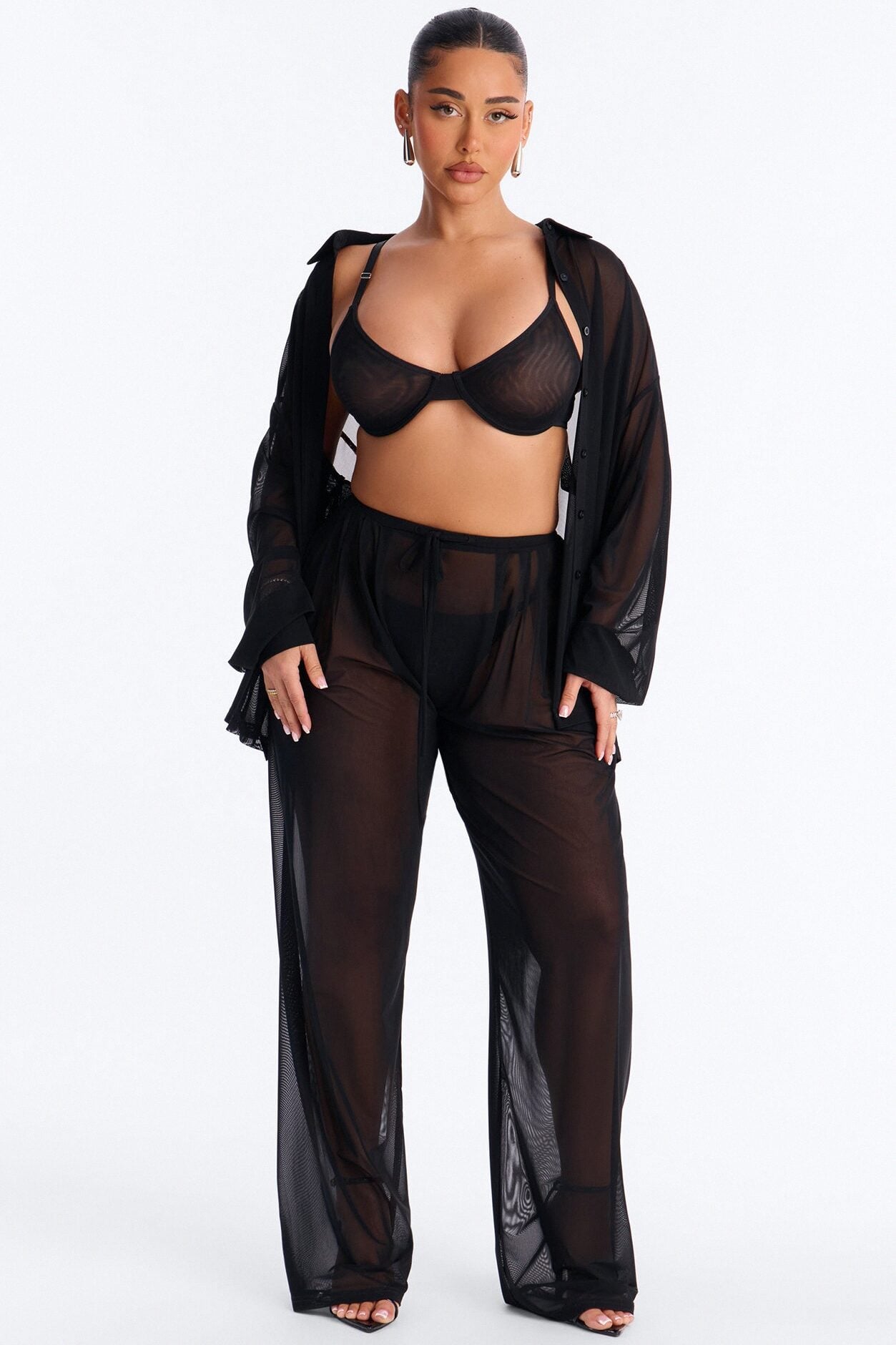 Staying In Mesh Pleated Wide Leg Pant - Black image 1