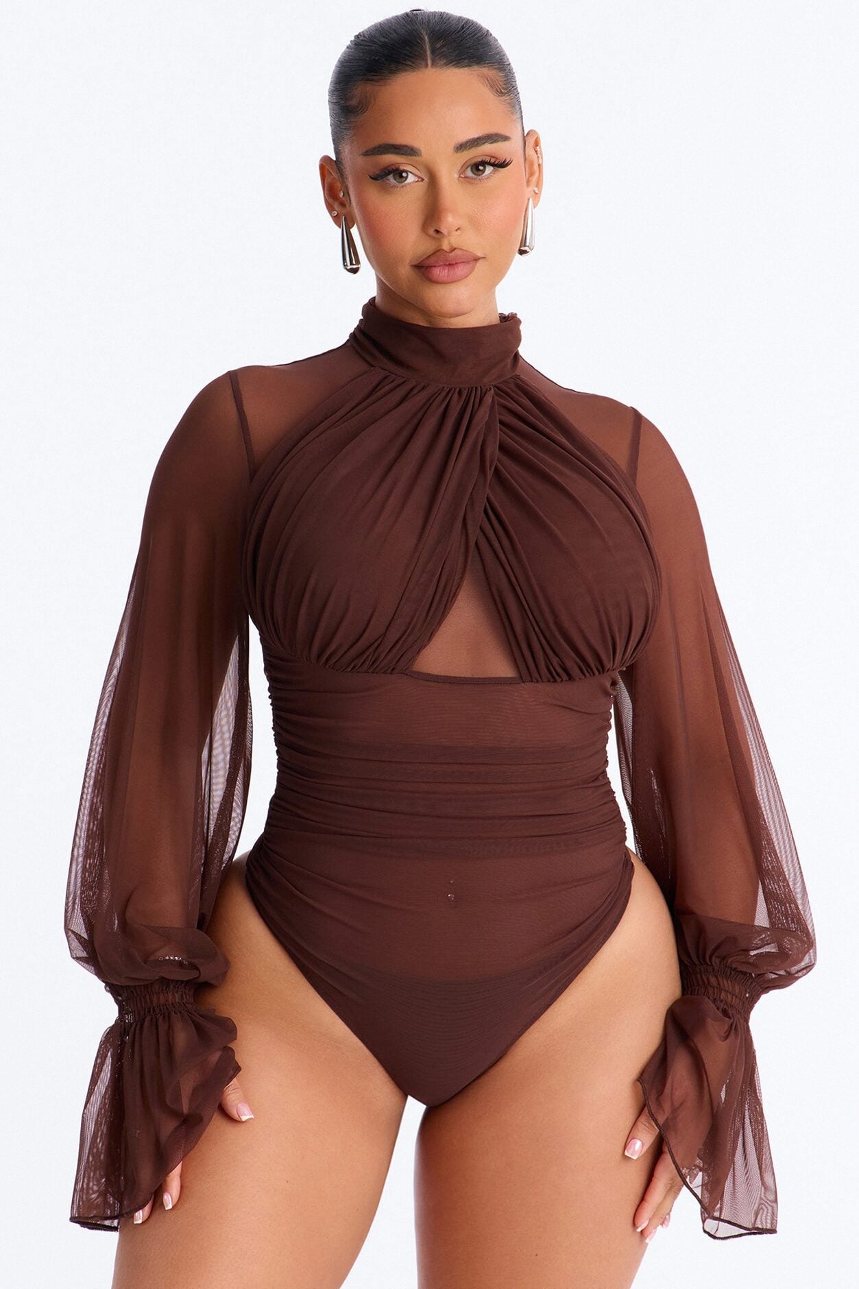 Juliet Ruched Mesh Long Sleeve Bodysuit - Brown image 1