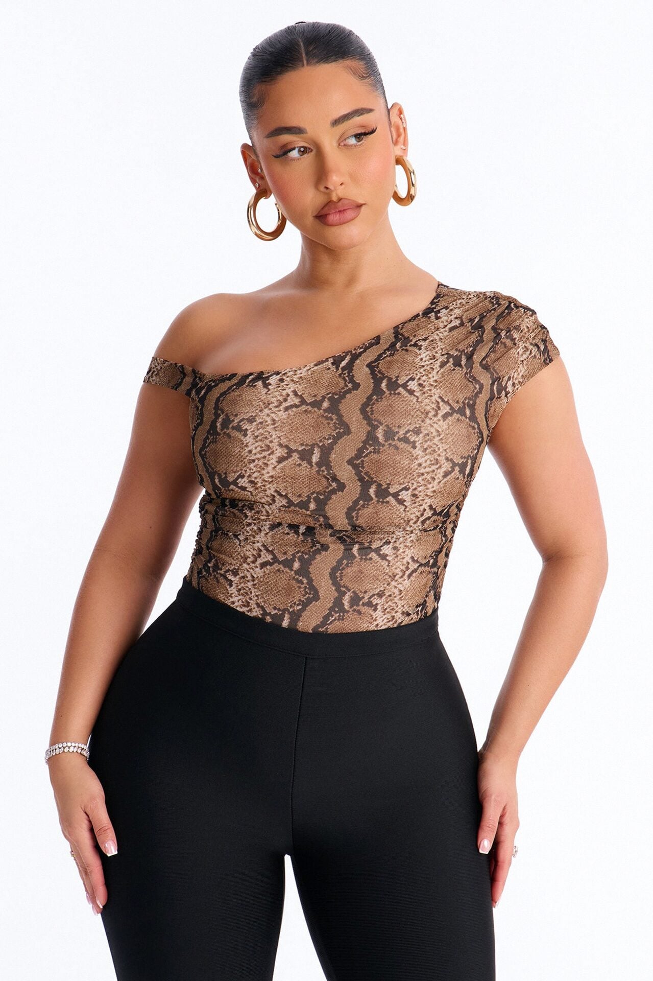 Sunara Snake Off Shoulder Mesh Bodysuit - Brown/combo image 1