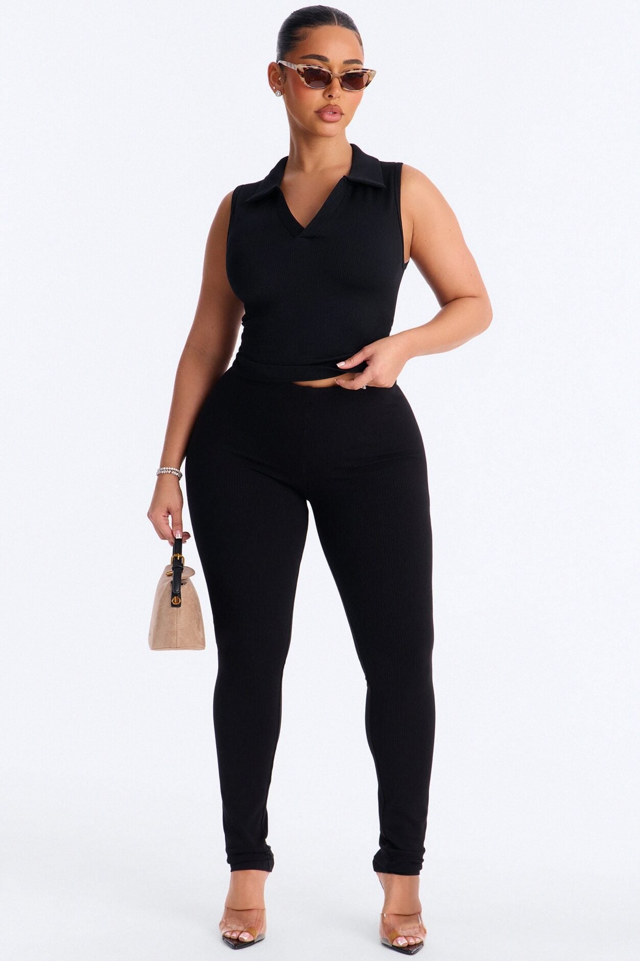Lyra Seamless Rib Basic Sleeveless Collared Top - Black image 1