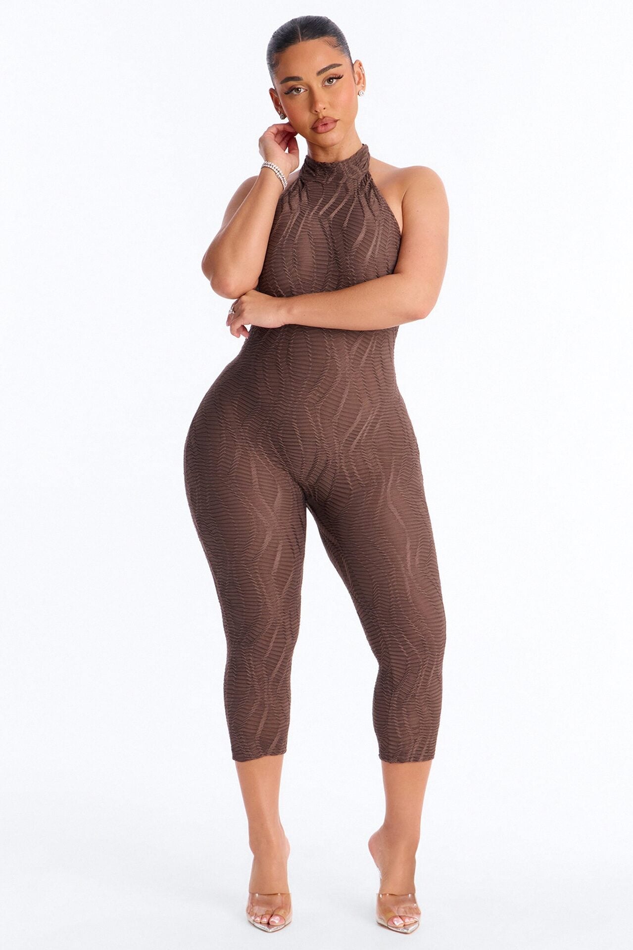 Carina High Neck Textured Backless Capri Catsuit - Chocolate image 1