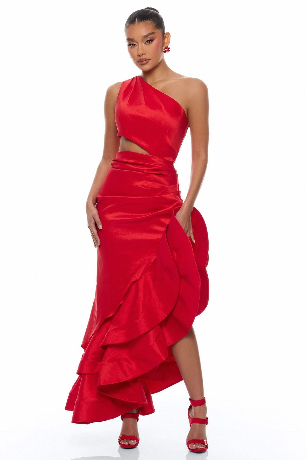 Sienna Ruffle Taffeta Maxi Dress - Red image 1