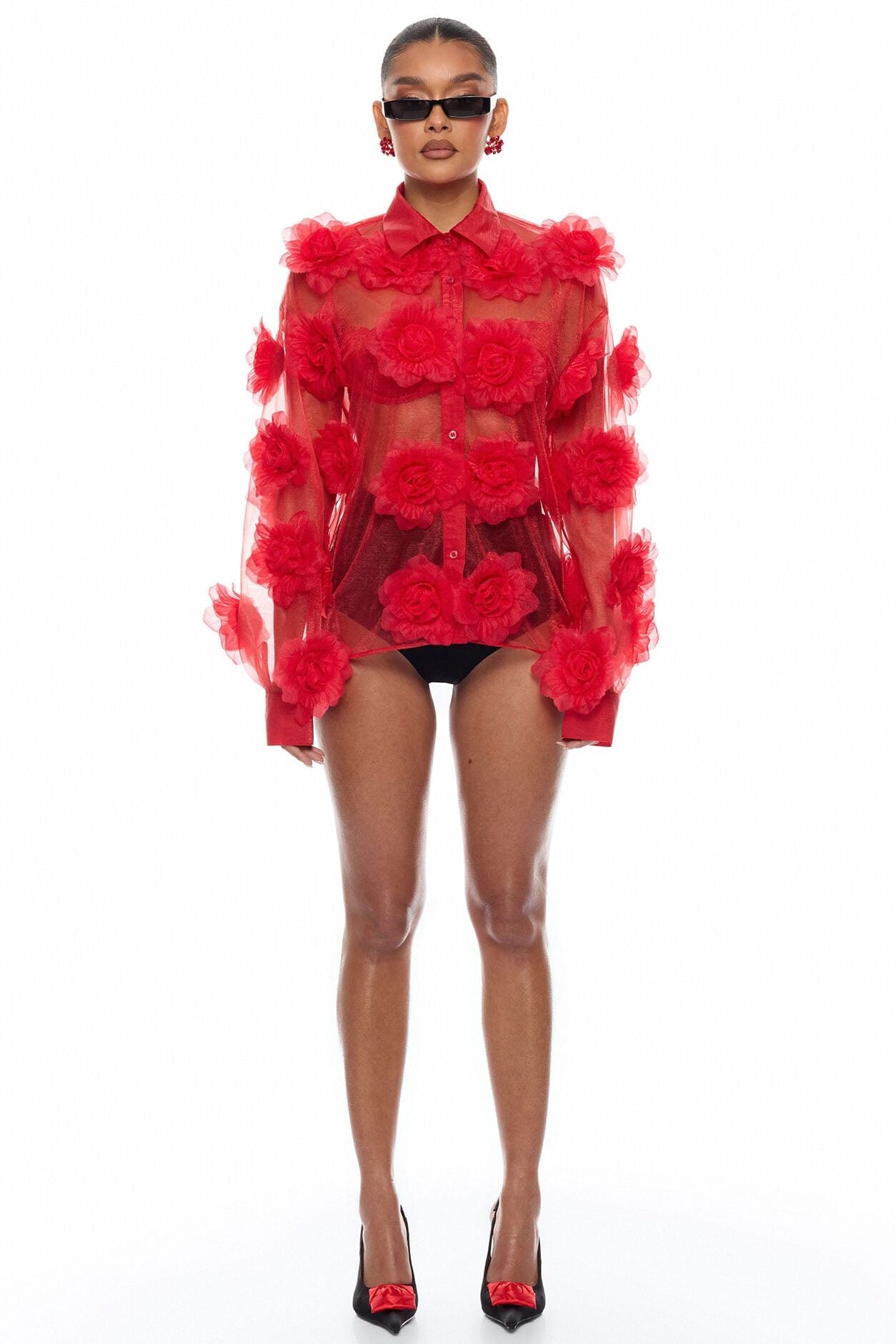 Violet Veil Floral Applique Top - Red image 1