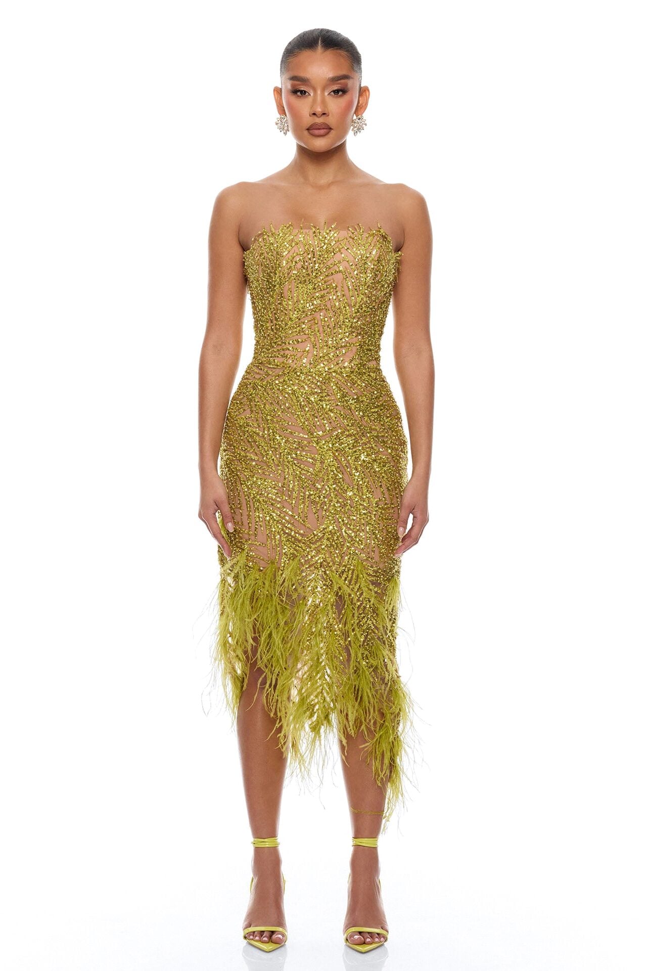 Camille Feathered Embellished Midi Dress - Chartreuse image 1
