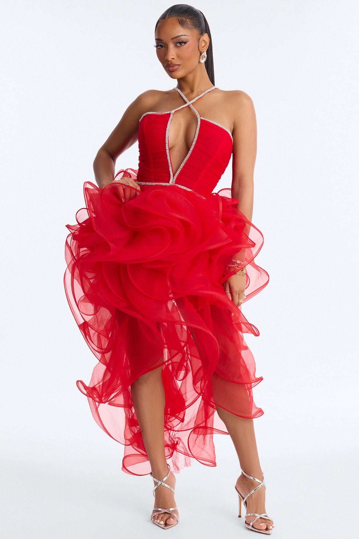 Cyra Rhinestone Ruffle Gown - Red image 1