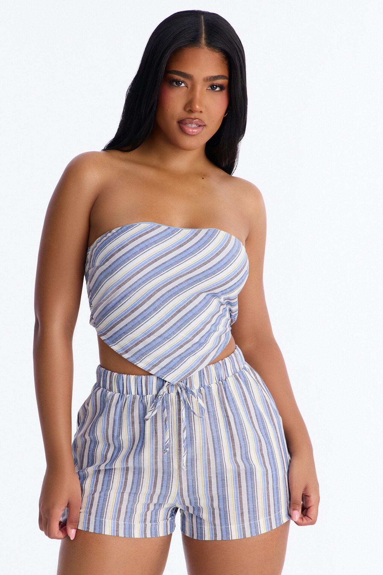 Leila Striped Strapless Linen Short Set - Blue/combo image 1