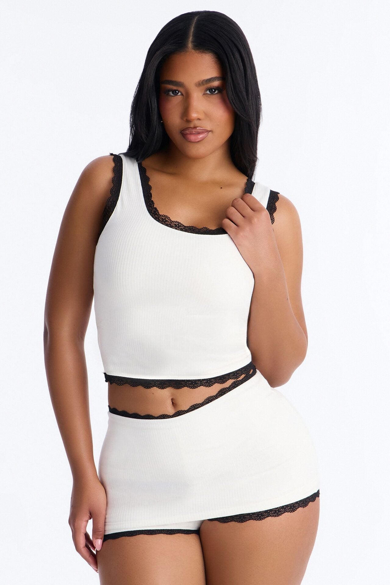 Layla Laced Ribbed Short Set - White/combo image 1