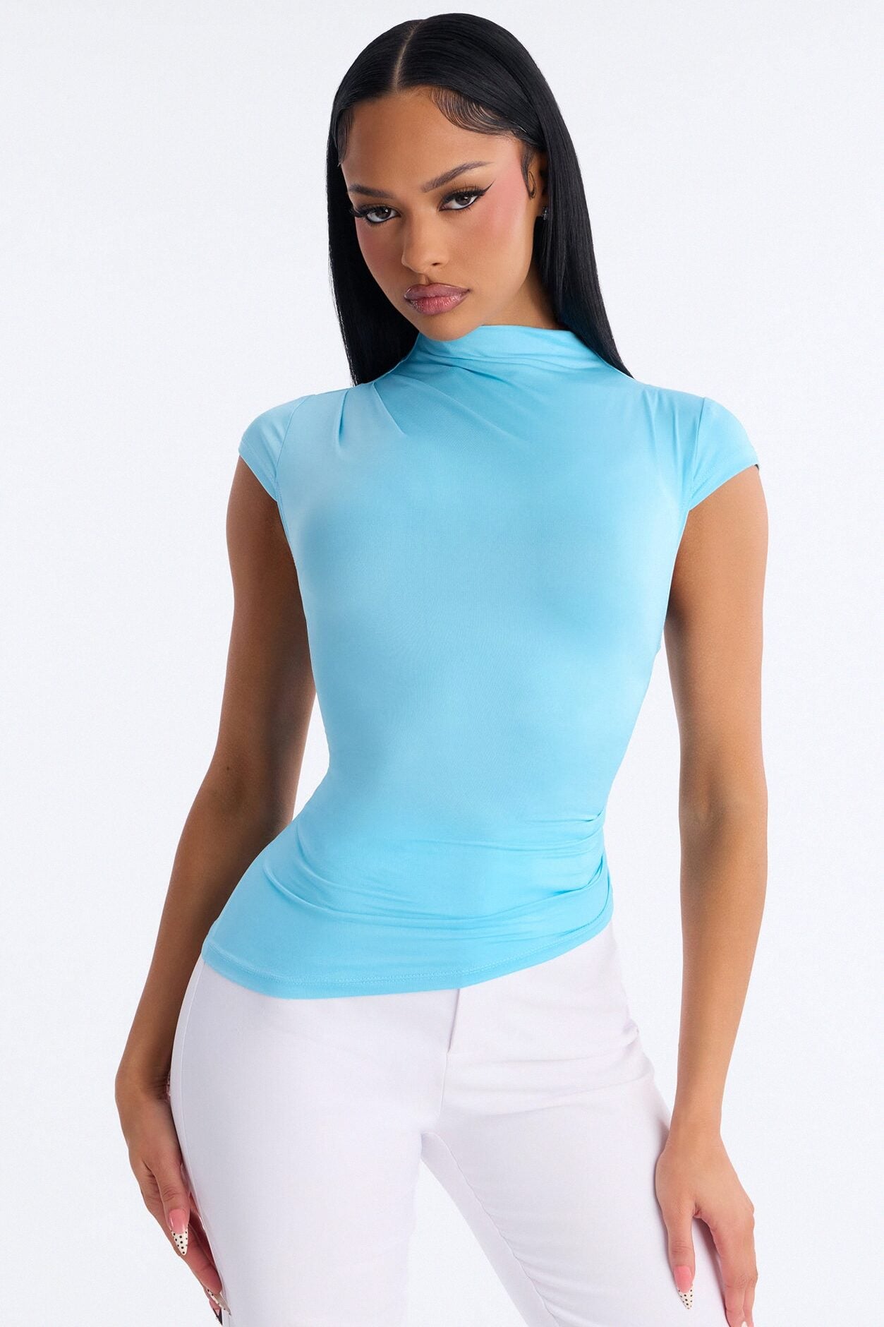 Ines Asymmetrical Ruched High Neck Top - Blue image 1