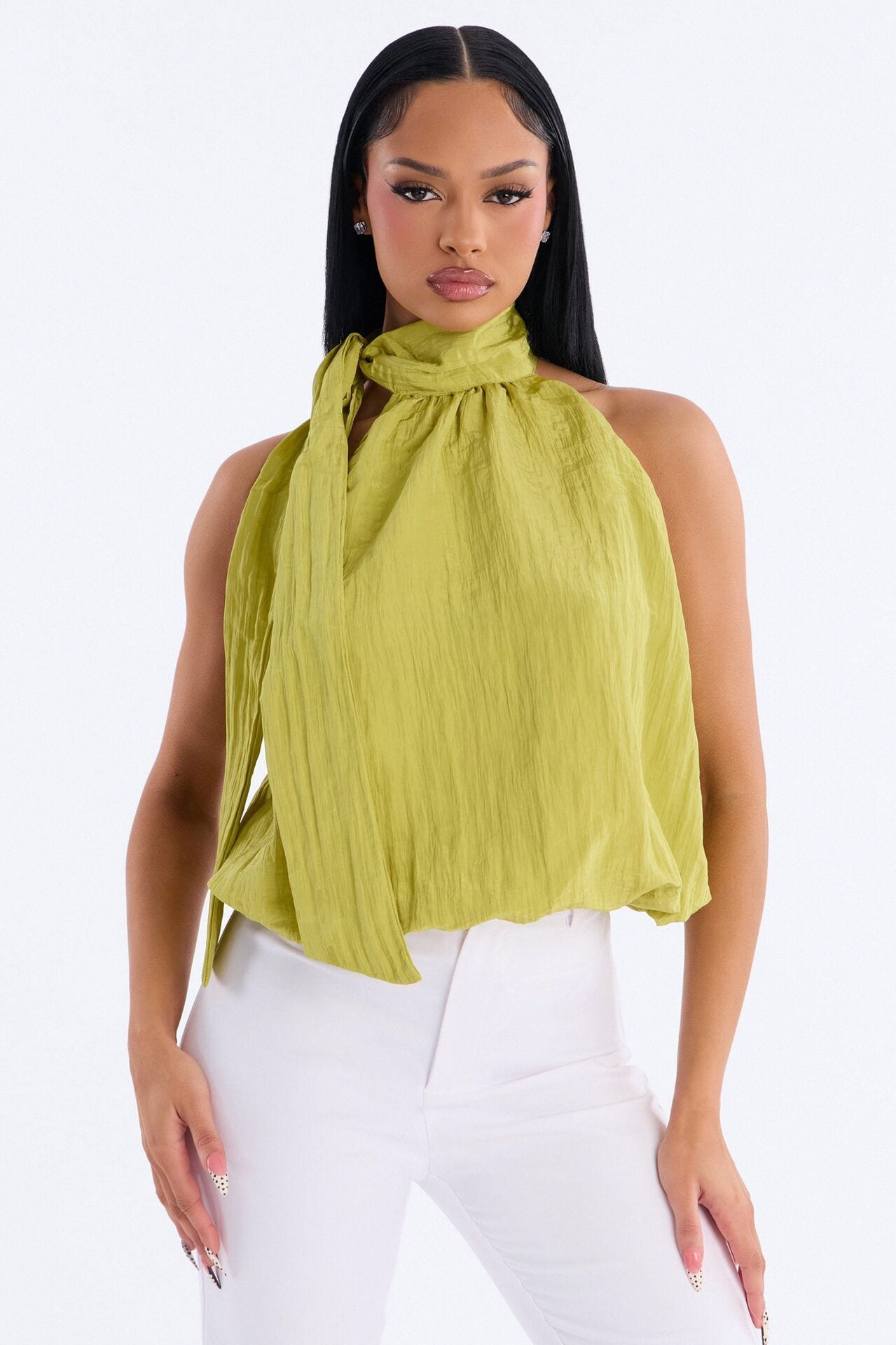 Stay Extra Scarf Plisse Top - Chartreuse image 1