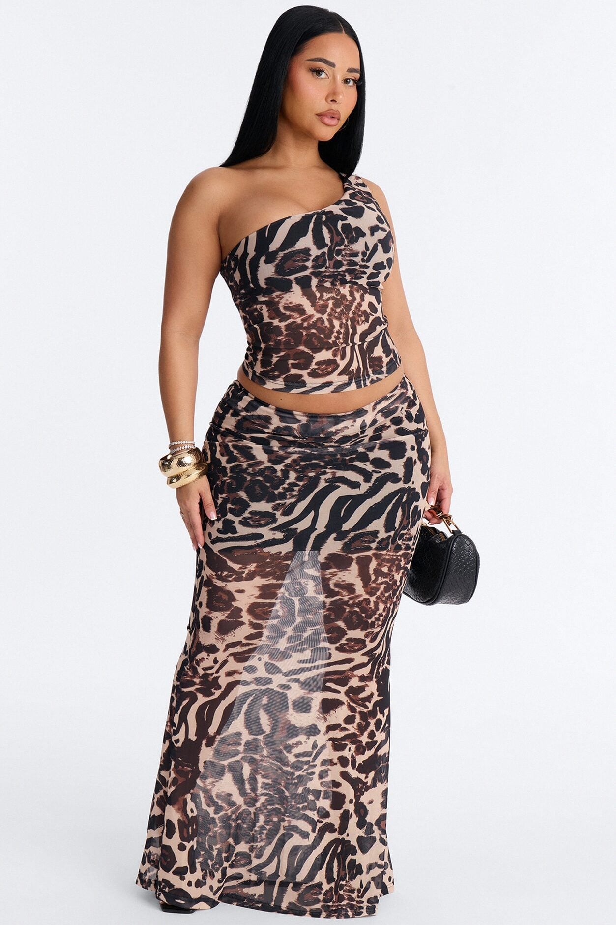 Mona One Shoulder Maxi Skirt Set - Brown/combo image 1
