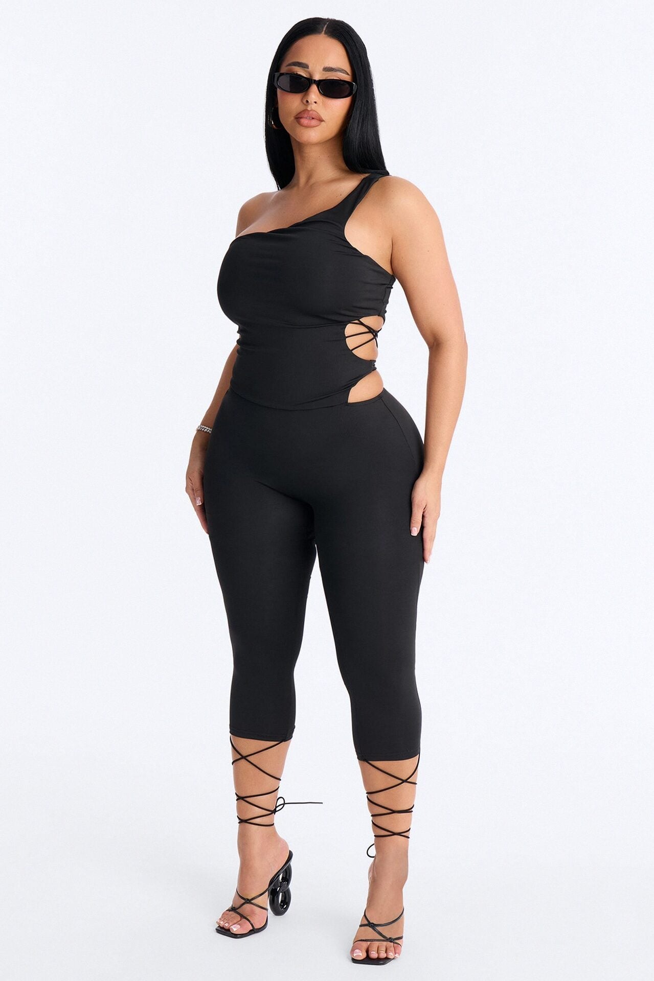 Reena Lace Up Capri Catsuit - Black image 1