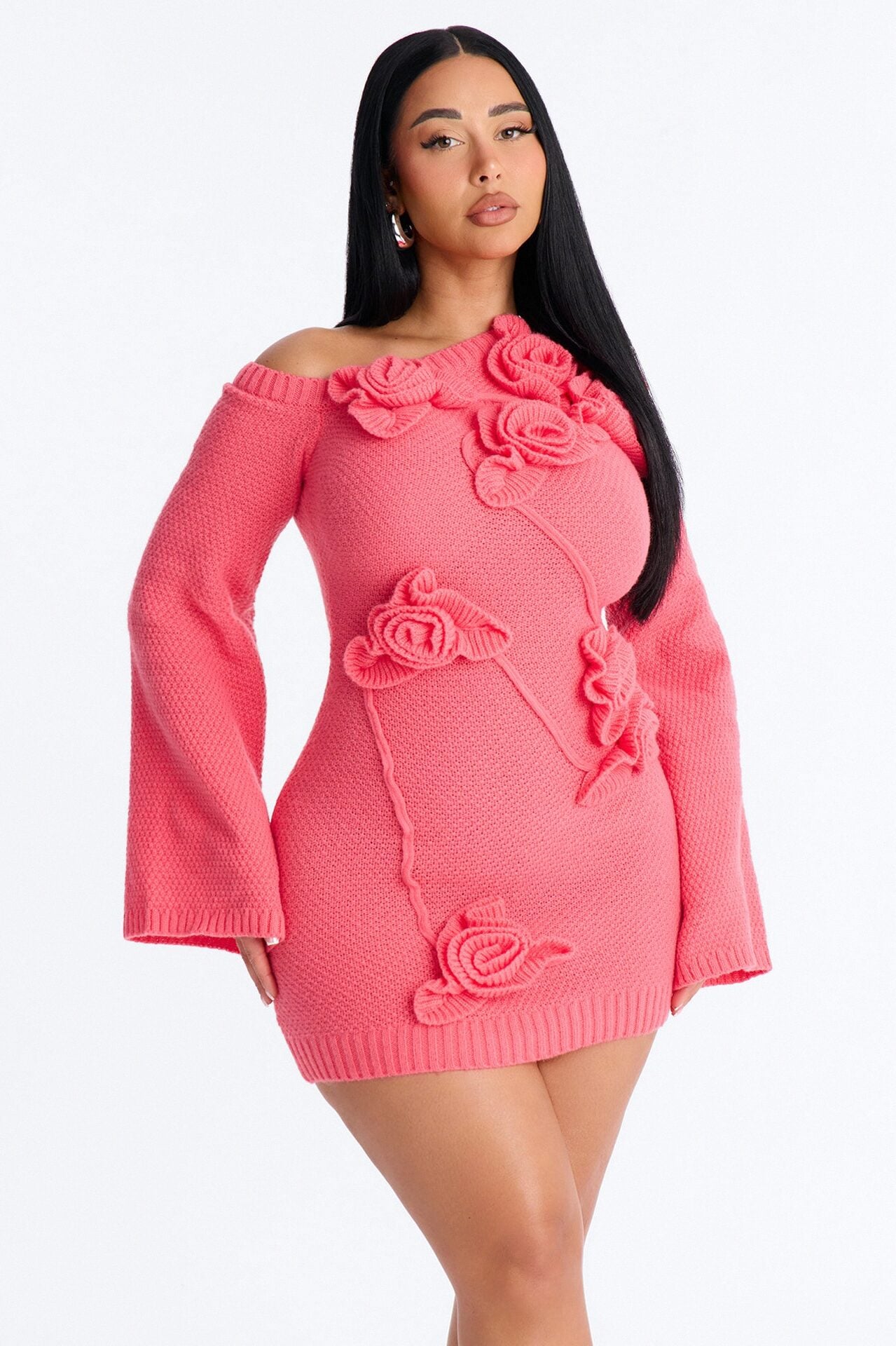 Brighten Up Long Sleeve Sweater Mini Dress - Coral image 1