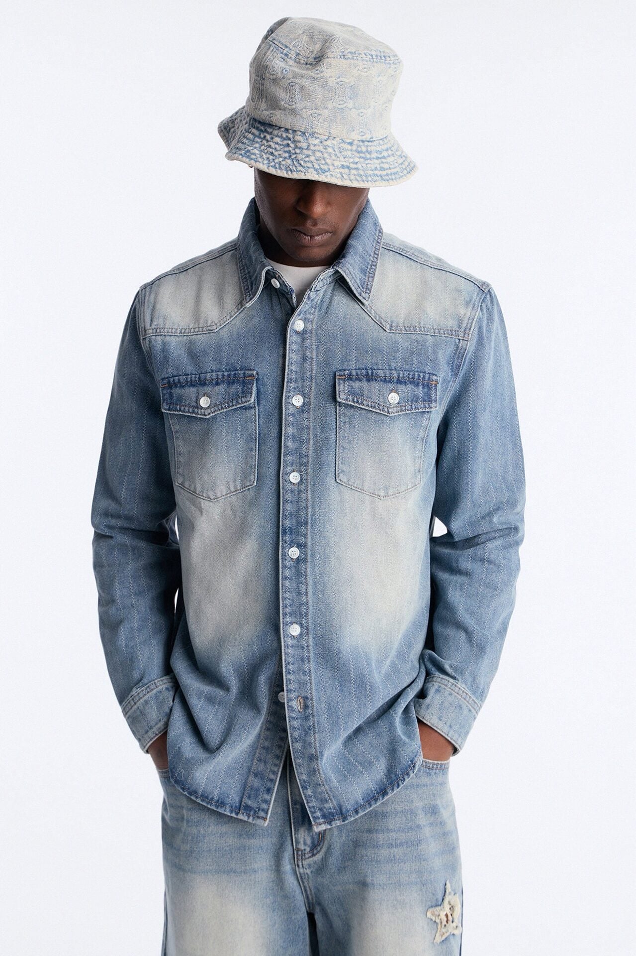 Stars And Stripes Long Sleeve Button Up Denim Shirt - Vintage Blue Wash image 1