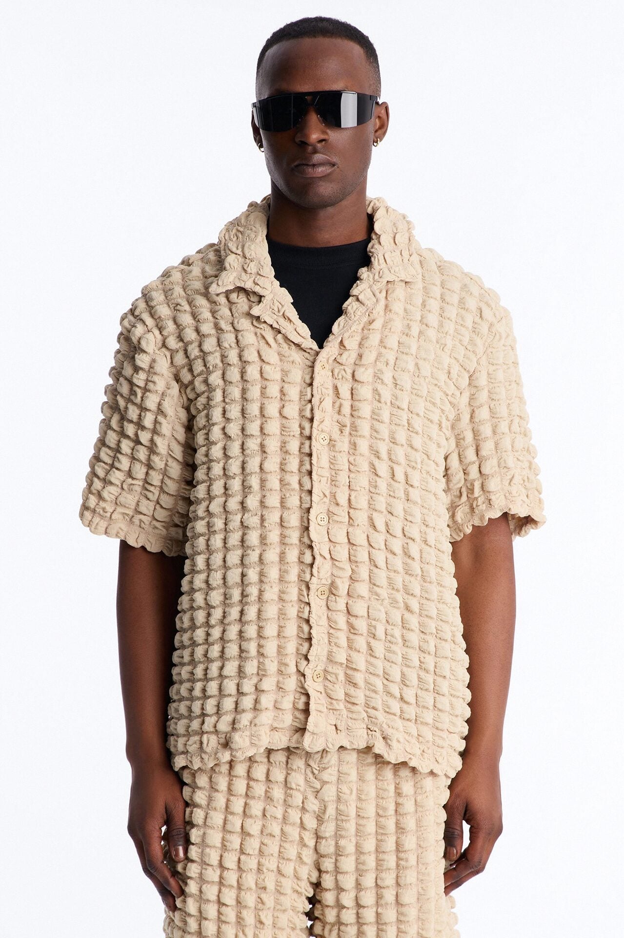 Relaxed Effervesce Textured Button Up Shirt - Tan image 1